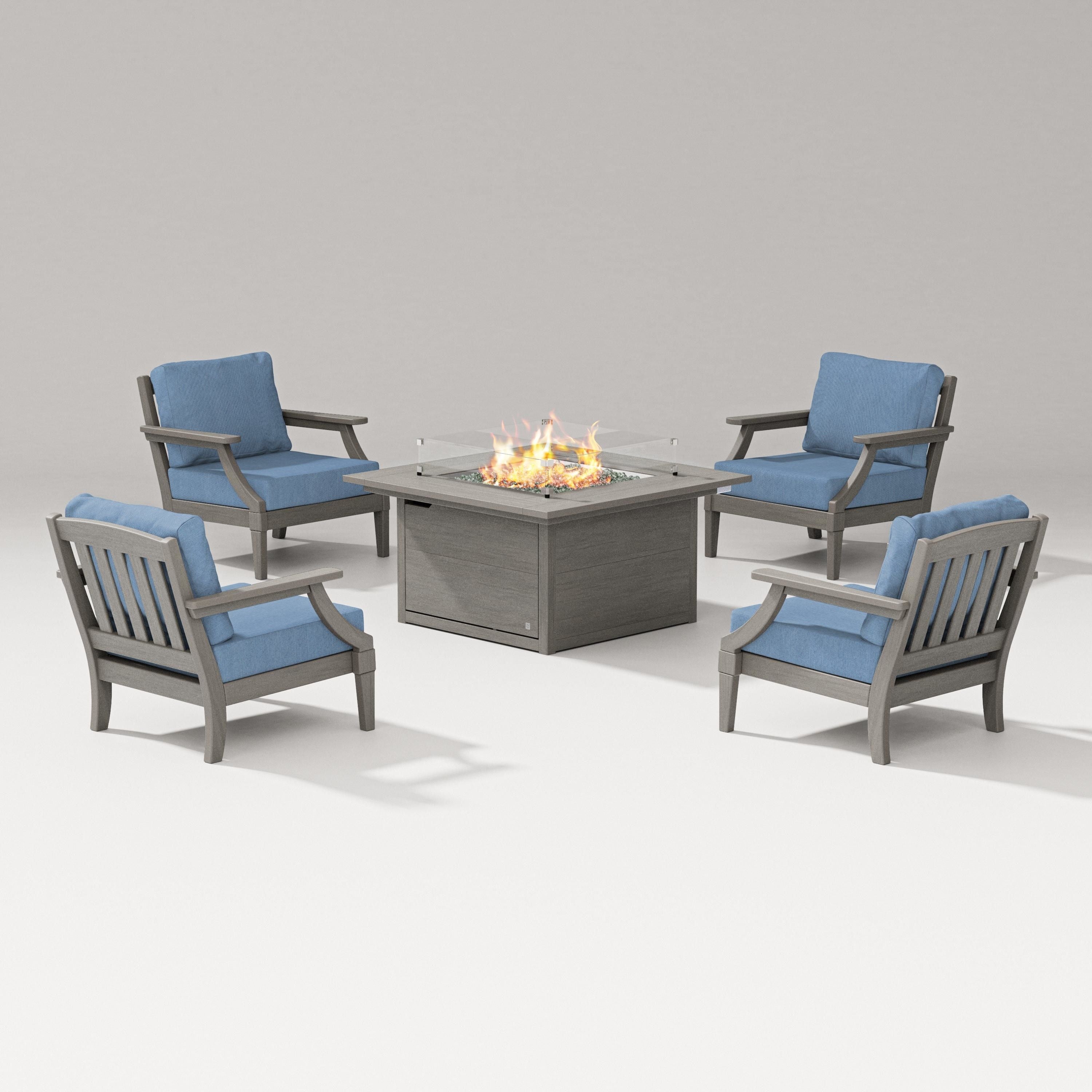 PW Designer Series Estate 5-Piece Lounge Fire Table Set in Driftwood / Sky Blue