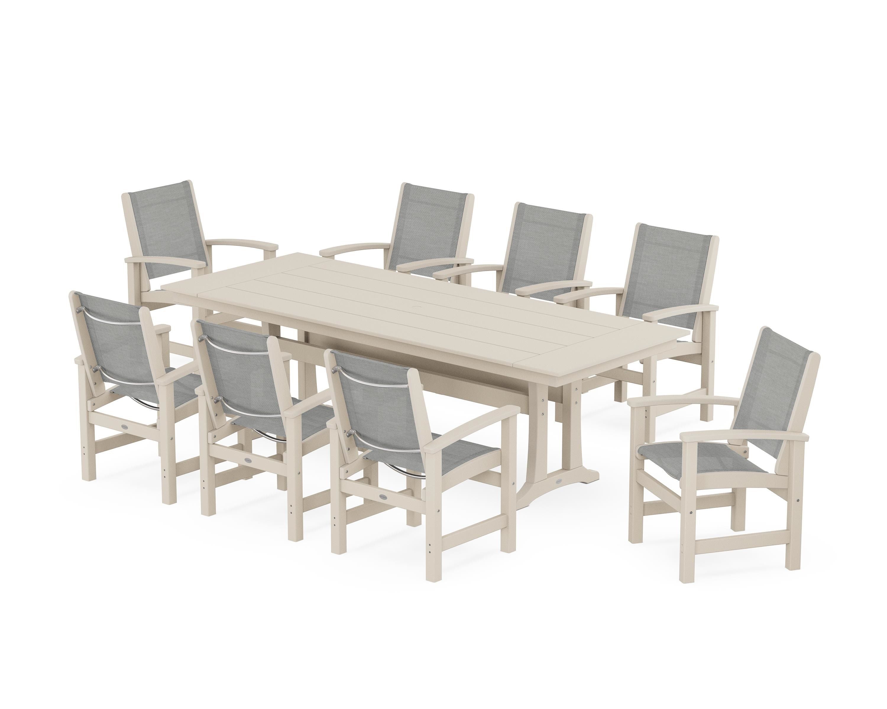 POLYWOOD Coastal 9-Piece Farmhouse Dining Set with Trestle Legs in Sand / Metallic Sling
