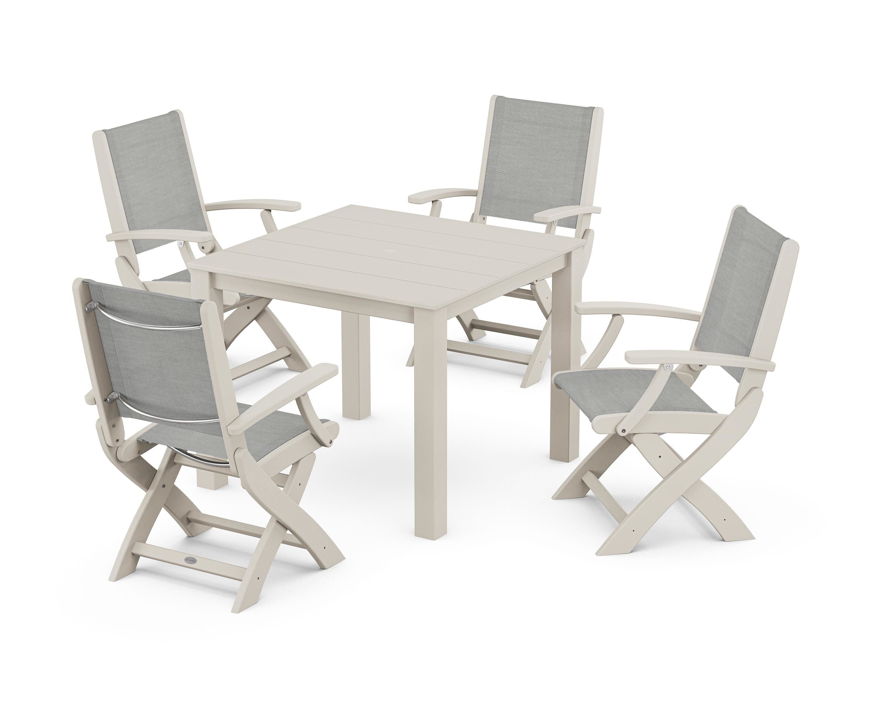 POLYWOOD Coastal Folding Chair 5-Piece Parsons Dining Set in Sand / Metallic Sling