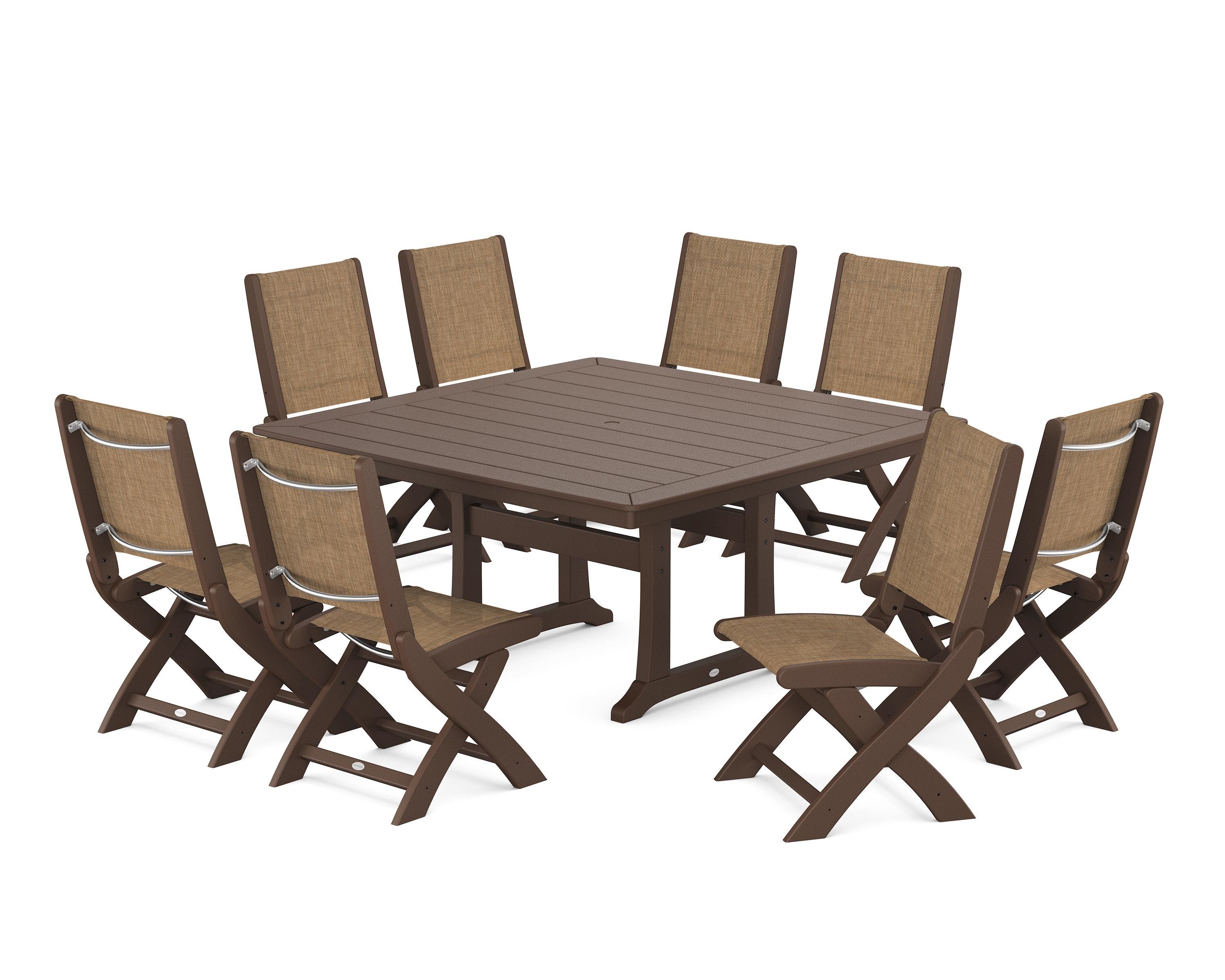 POLYWOOD Coastal Folding Side Chair 9-Piece Dining Set with Trestle Legs in Mahogany / Burlap Sling