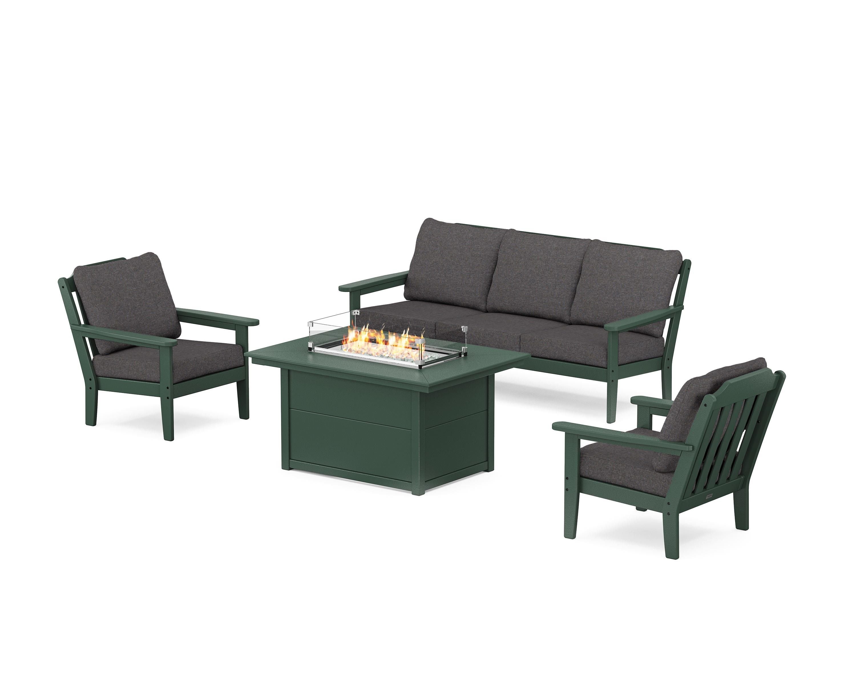 Country Living Cottage Deep Seating Fire Pit Table Set in Green / Ash Charcoal