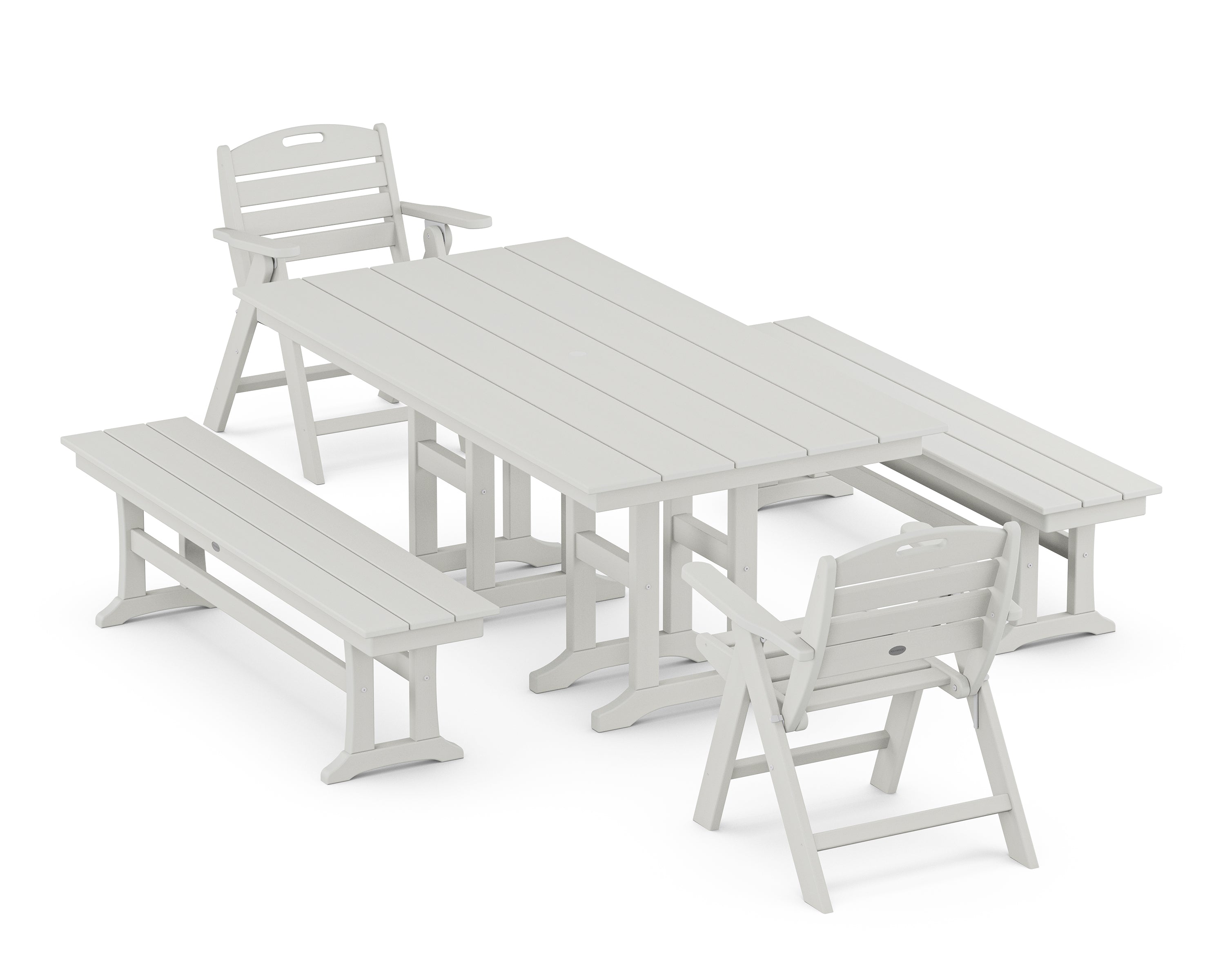 POLYWOOD Nautical Lowback 5-Piece Farmhouse Dining Set with Benches in Vintage White