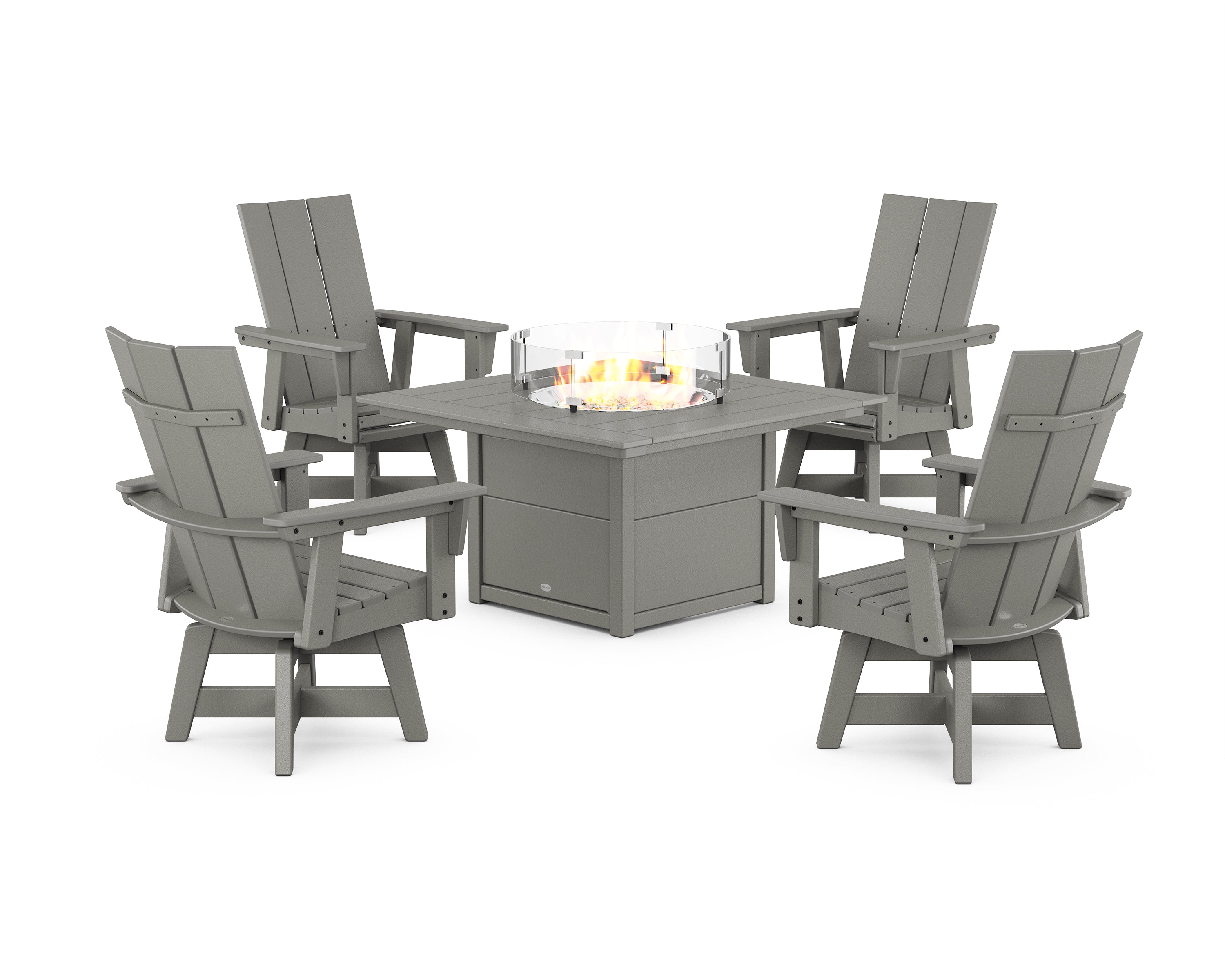 POLYWOOD® Modern 4-Piece Curveback Upright Adirondack Conversation Set with Fire Pit Table in Slate Grey