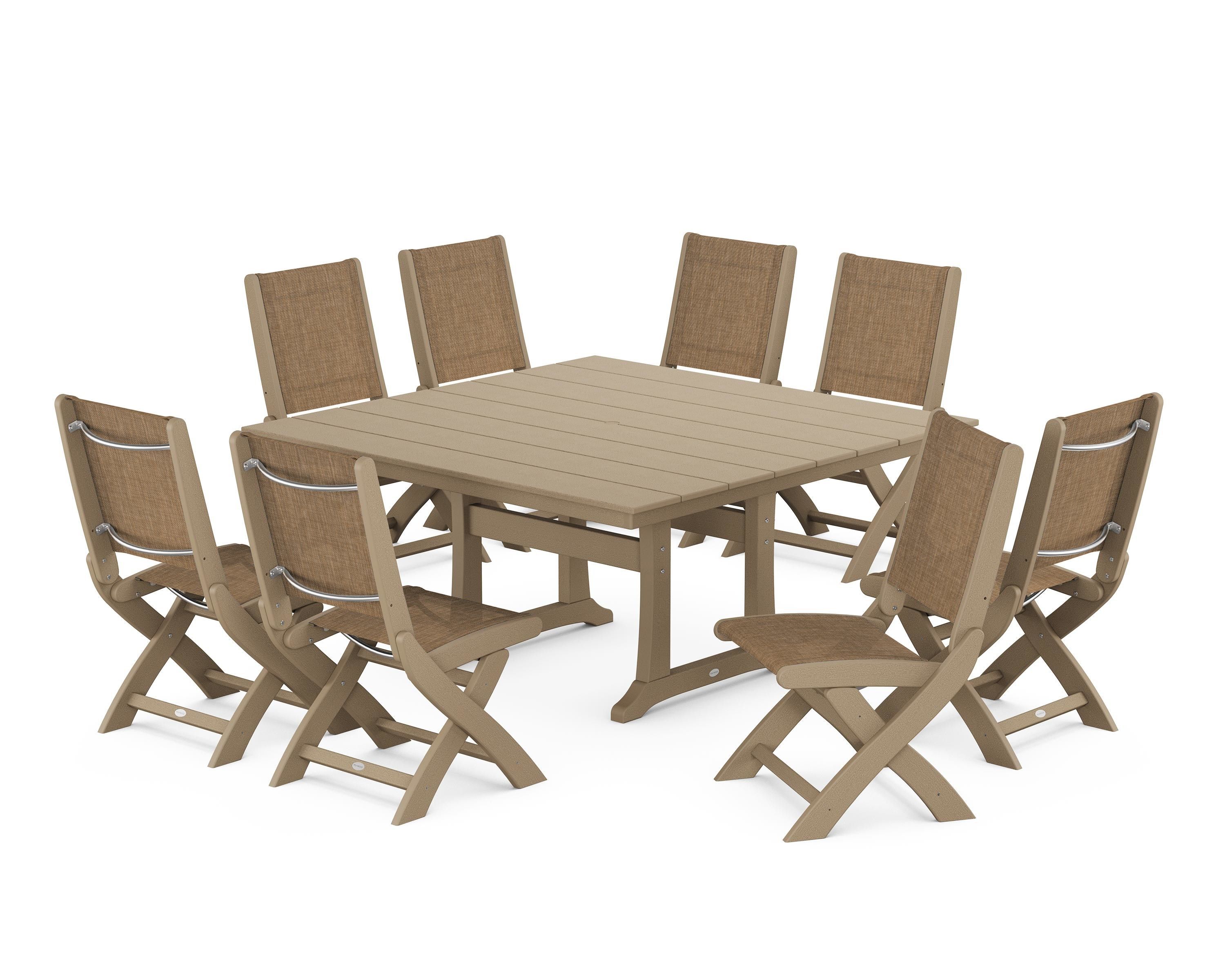 POLYWOOD Coastal Folding Side Chair 9-Piece Farmhouse Dining Set in Vintage Sahara / Burlap Sling