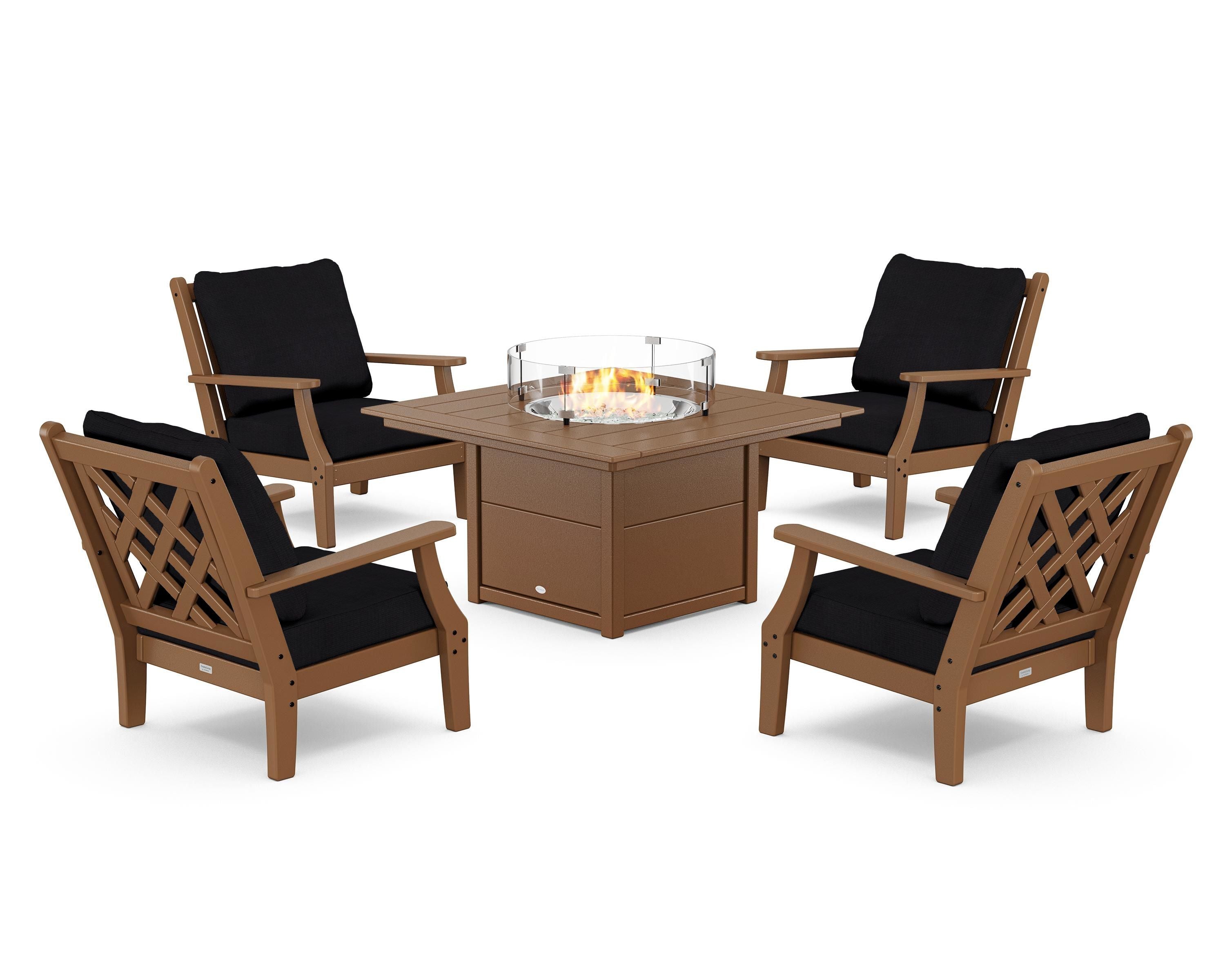 Country Living Wovendale 5-Piece Deep Seating Set with Fire Pit Table in Teak / Midnight Linen