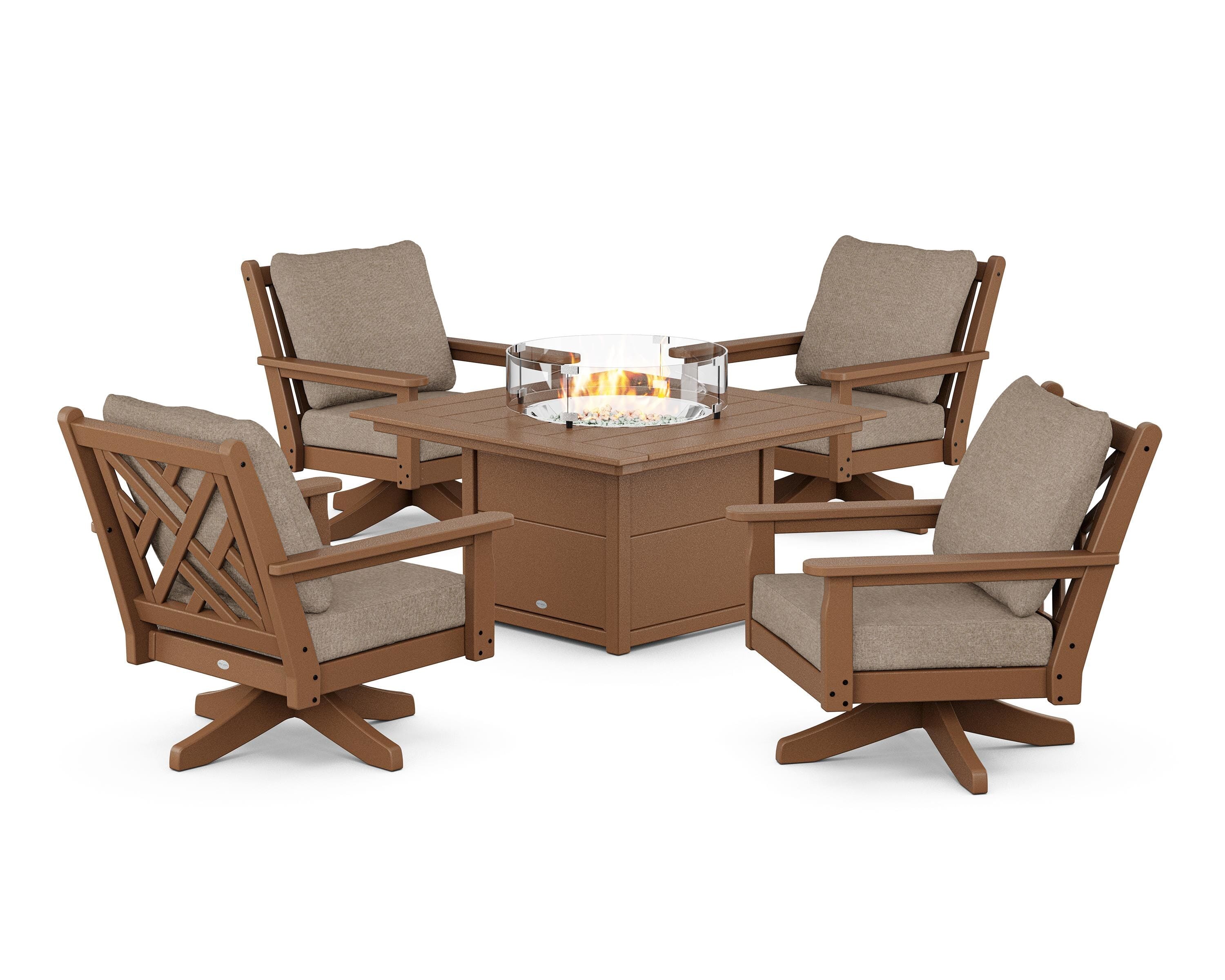POLYWOOD Chippendale 5-Piece Deep Seating Swivel Conversation Set with Fire Pit Table in Teak / Spiced Burlap