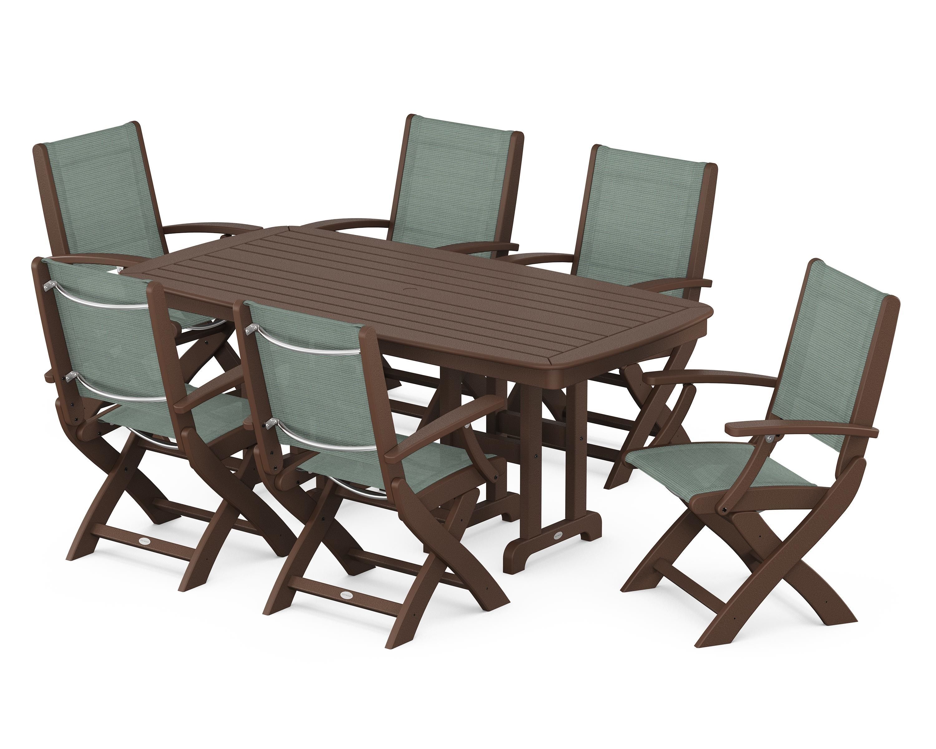 POLYWOOD Coastal Folding Arm Chair 7-Piece Dining Set in Mahogany / Dupioni Sea Mist Sling