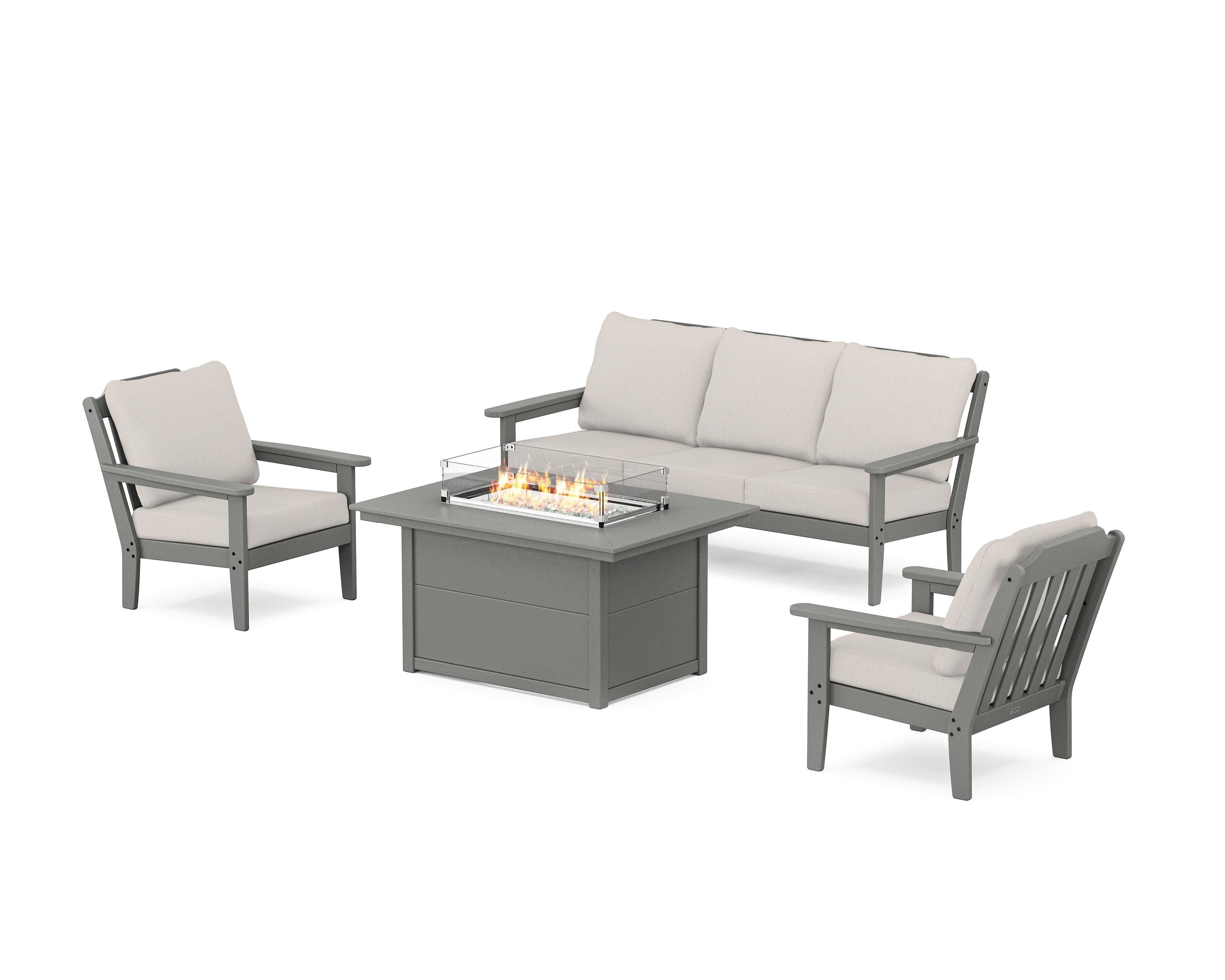 Country Living Cottage Deep Seating Fire Pit Table Set in Slate Grey / Cast Ash