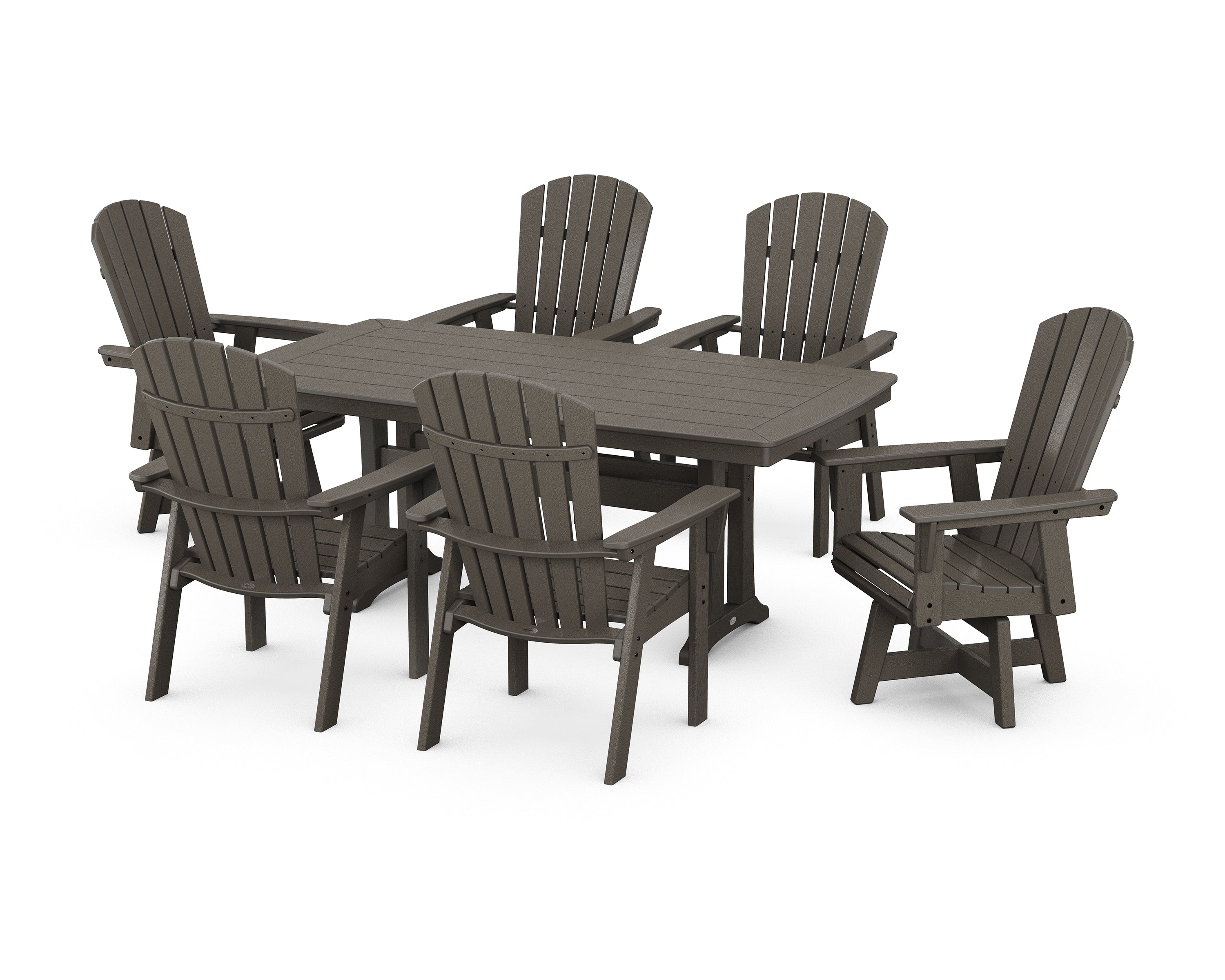 POLYWOOD® Nautical Curveback Adirondack Swivel Chair 7-Piece Dining Set with Trestle Legs in Vintage Coffee