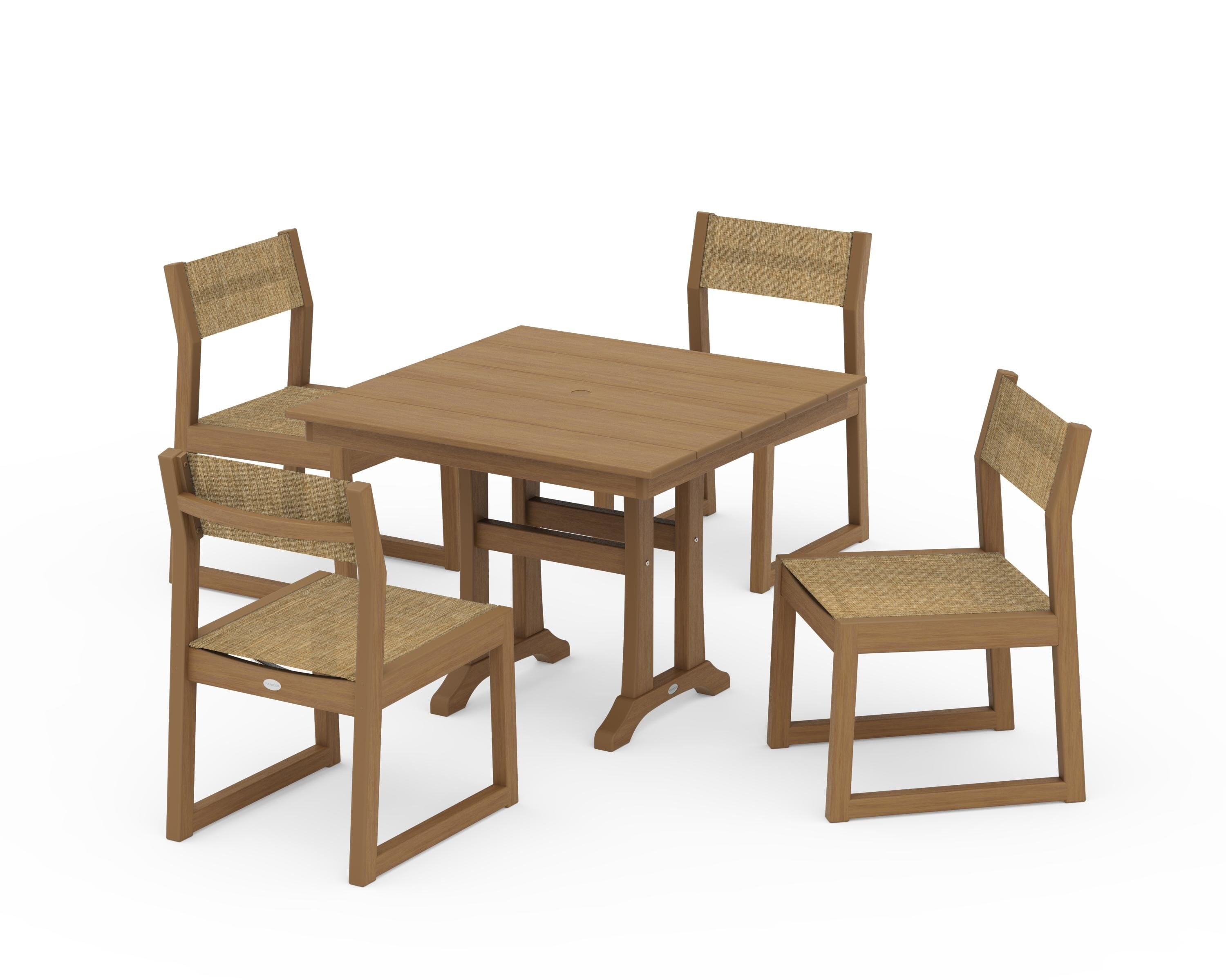 POLYWOOD EDGE Sling 5-Piece Farmhouse Trestle Side Chair Dining Set in Natural / Burlap Sling