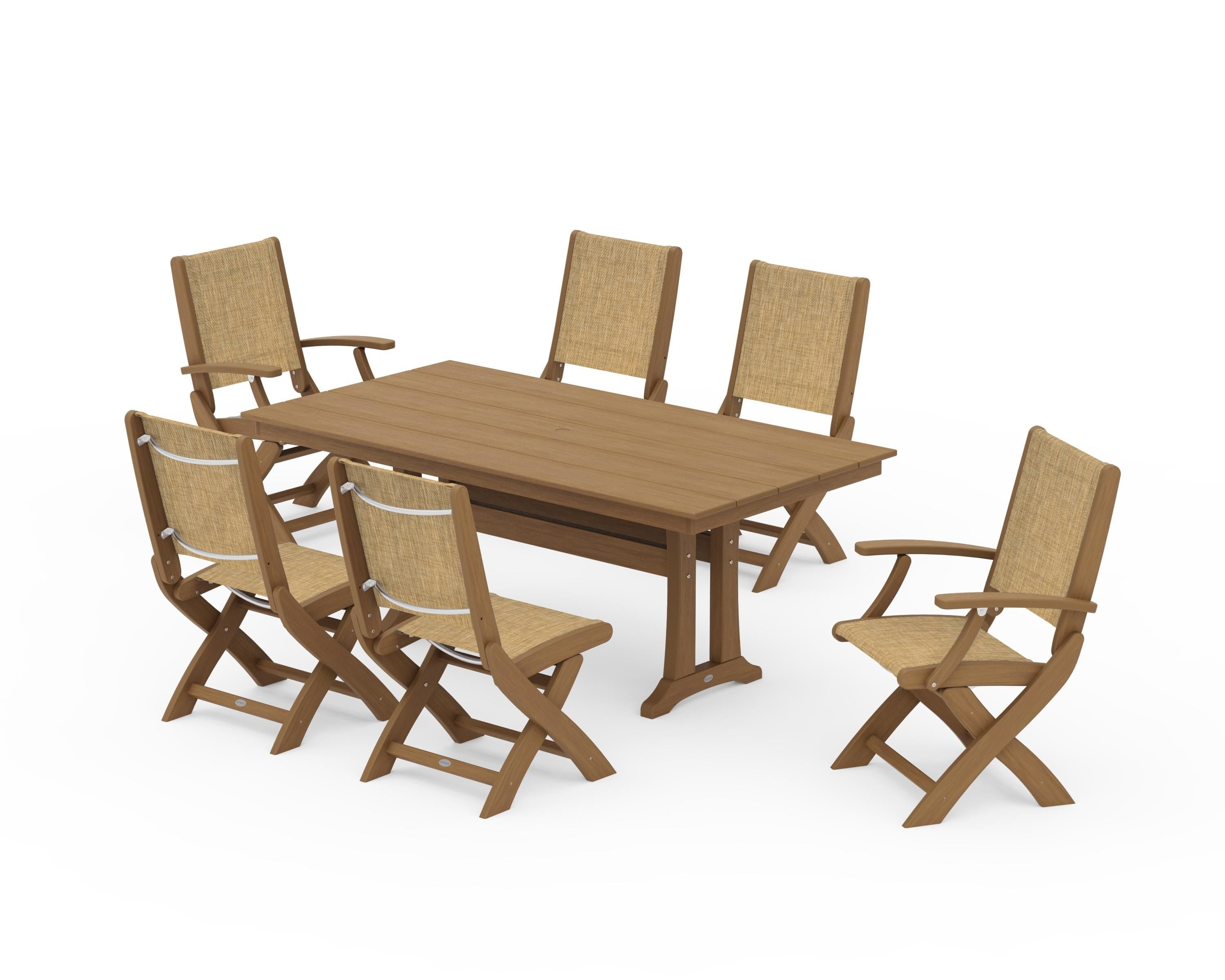 POLYWOOD Coastal Folding Chair 7-Piece Farmhouse Dining Set with Trestle Legs in Natural / Burlap Sling