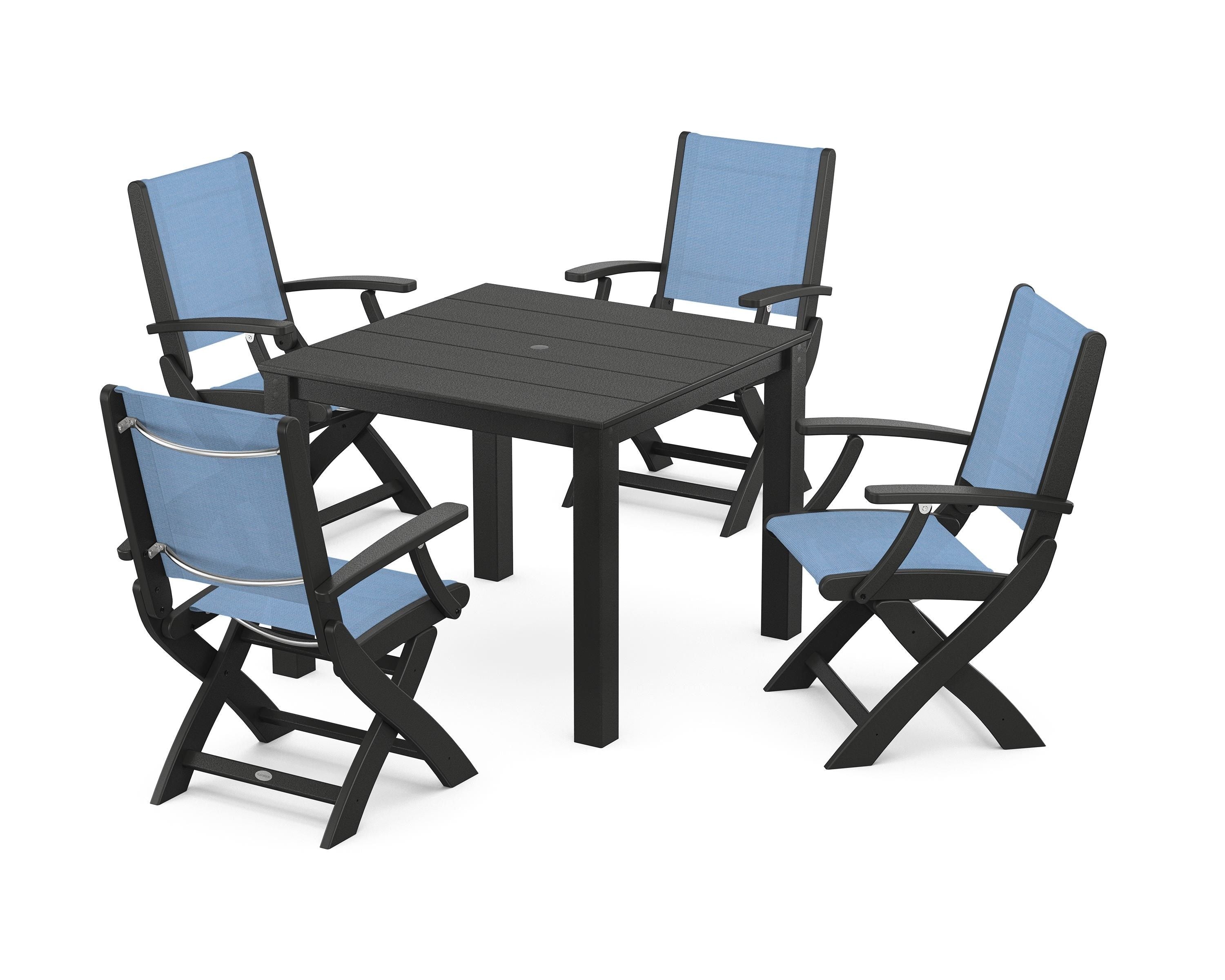 POLYWOOD Coastal Folding Chair 5-Piece Parsons Dining Set in Black / Poolside Sling