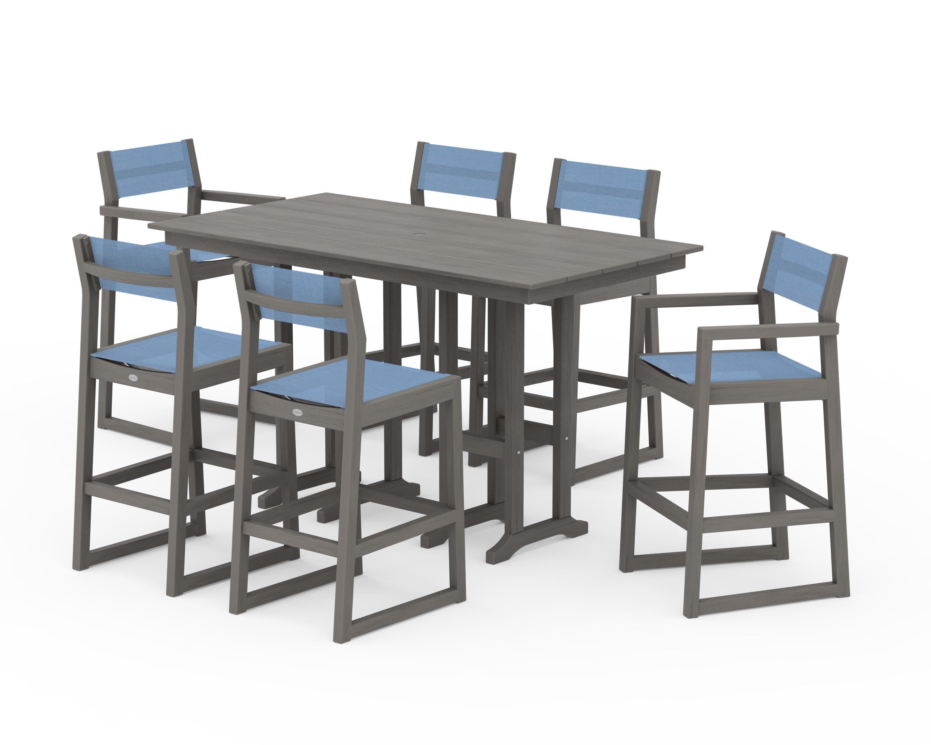 POLYWOOD EDGE Sling 7-Piece Farmhouse Bar Set in Driftwood / Poolside Sling
