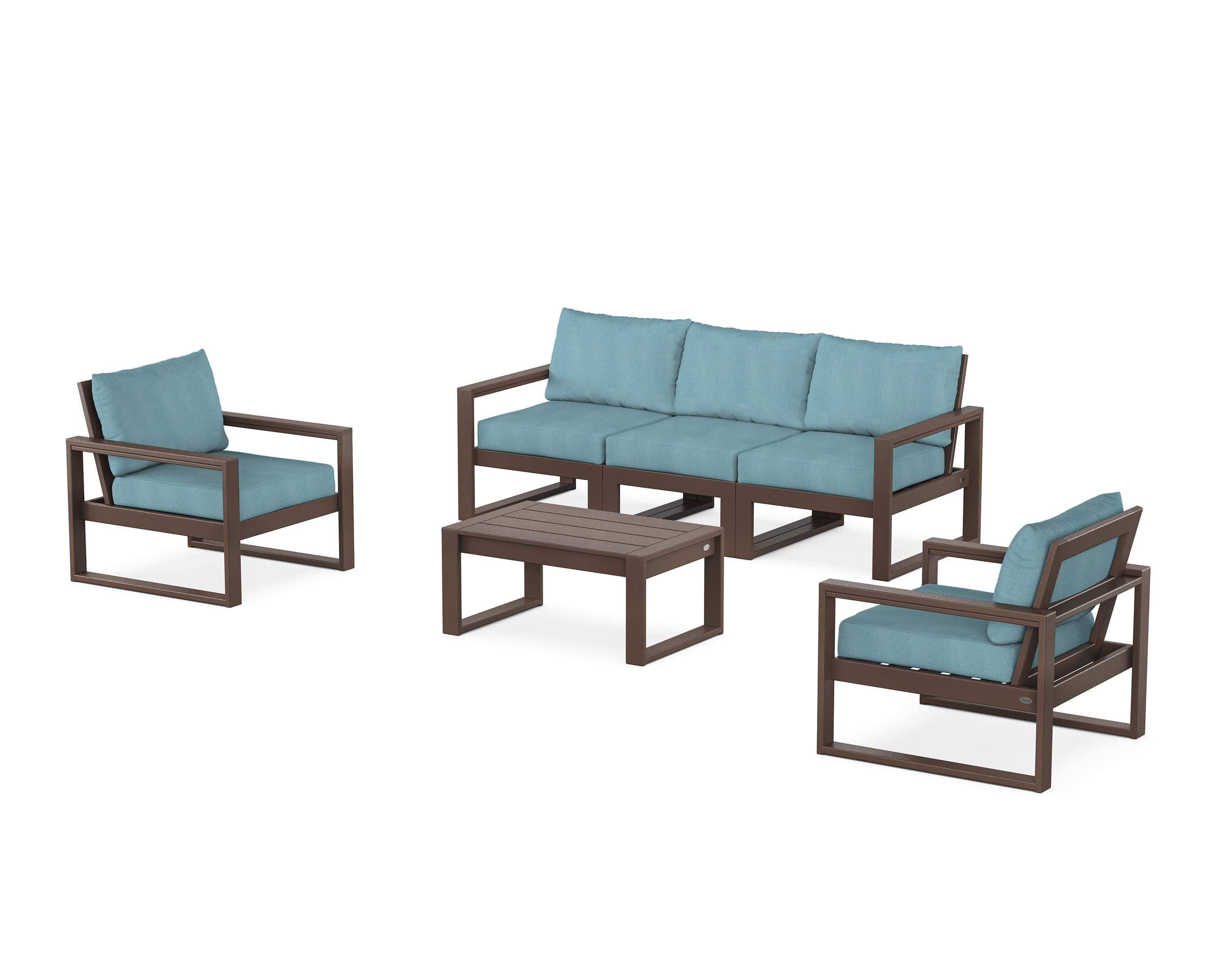POLYWOOD EDGE Sectional 4-Piece Deep Seating Set with Sofa in Mahogany / Lattice Sky Blue