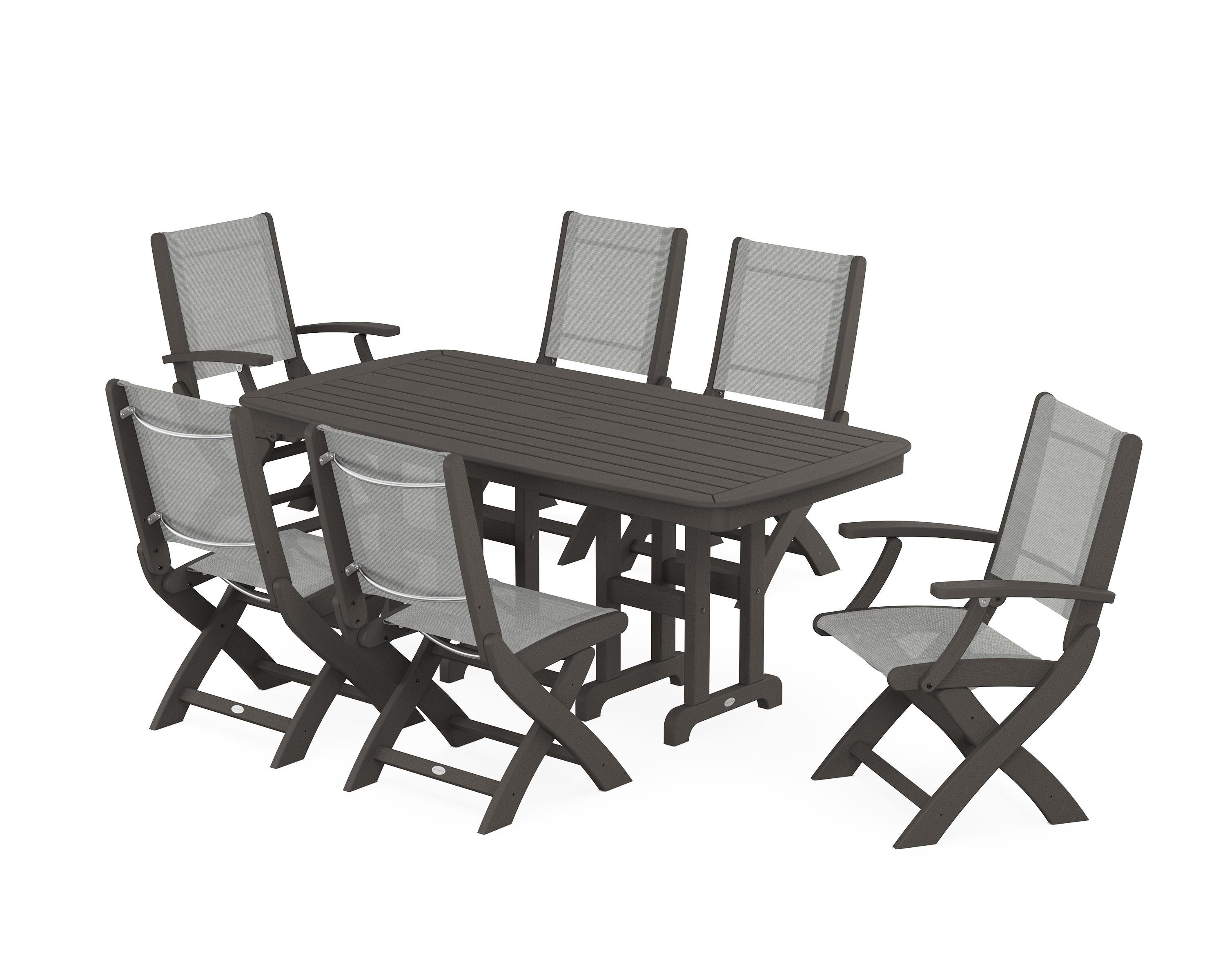 POLYWOOD Coastal Folding Chair 7-Piece Dining Set in Vintage Coffee / Metallic Sling