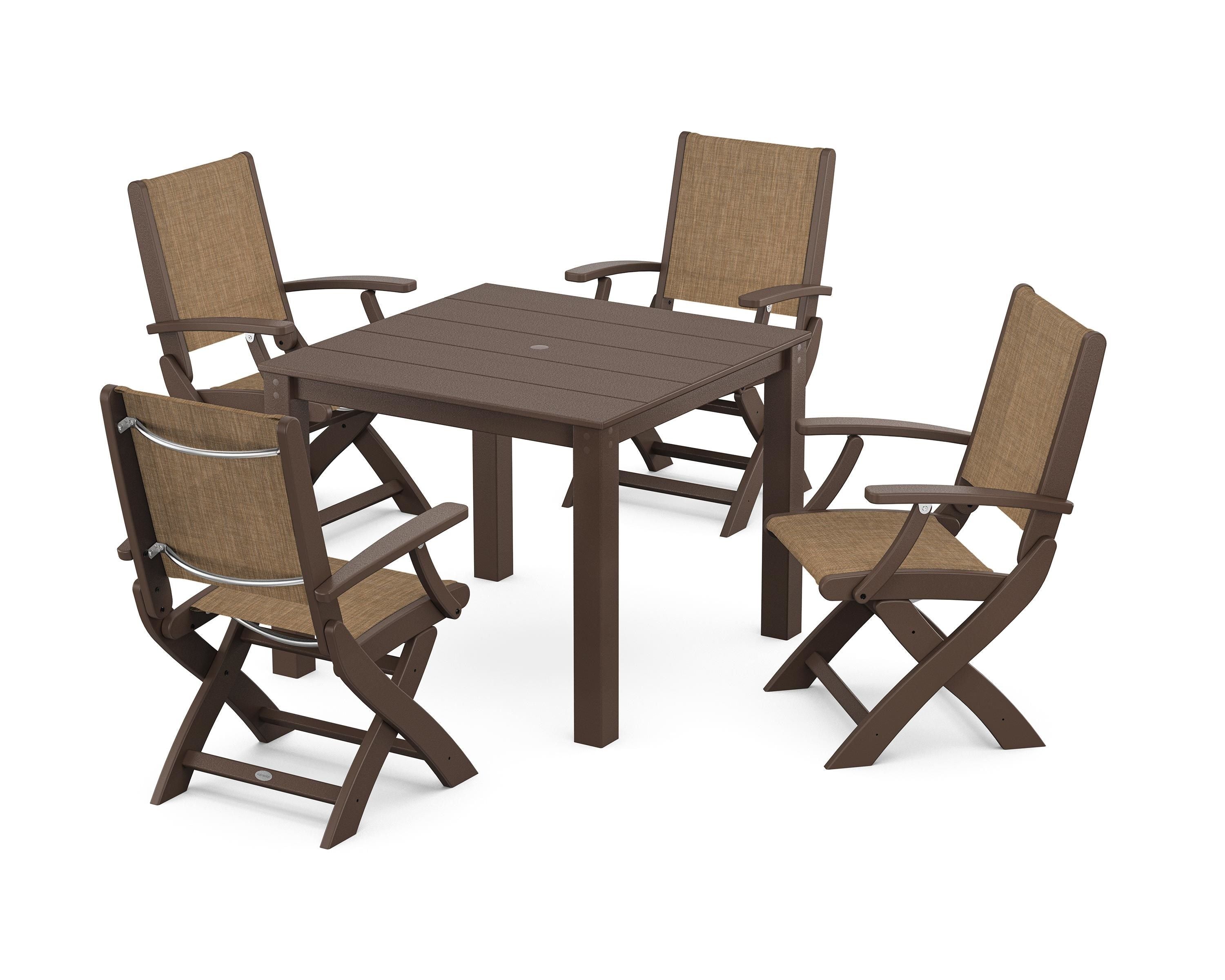 POLYWOOD Coastal Folding Chair 5-Piece Parsons Dining Set in Mahogany / Burlap Sling
