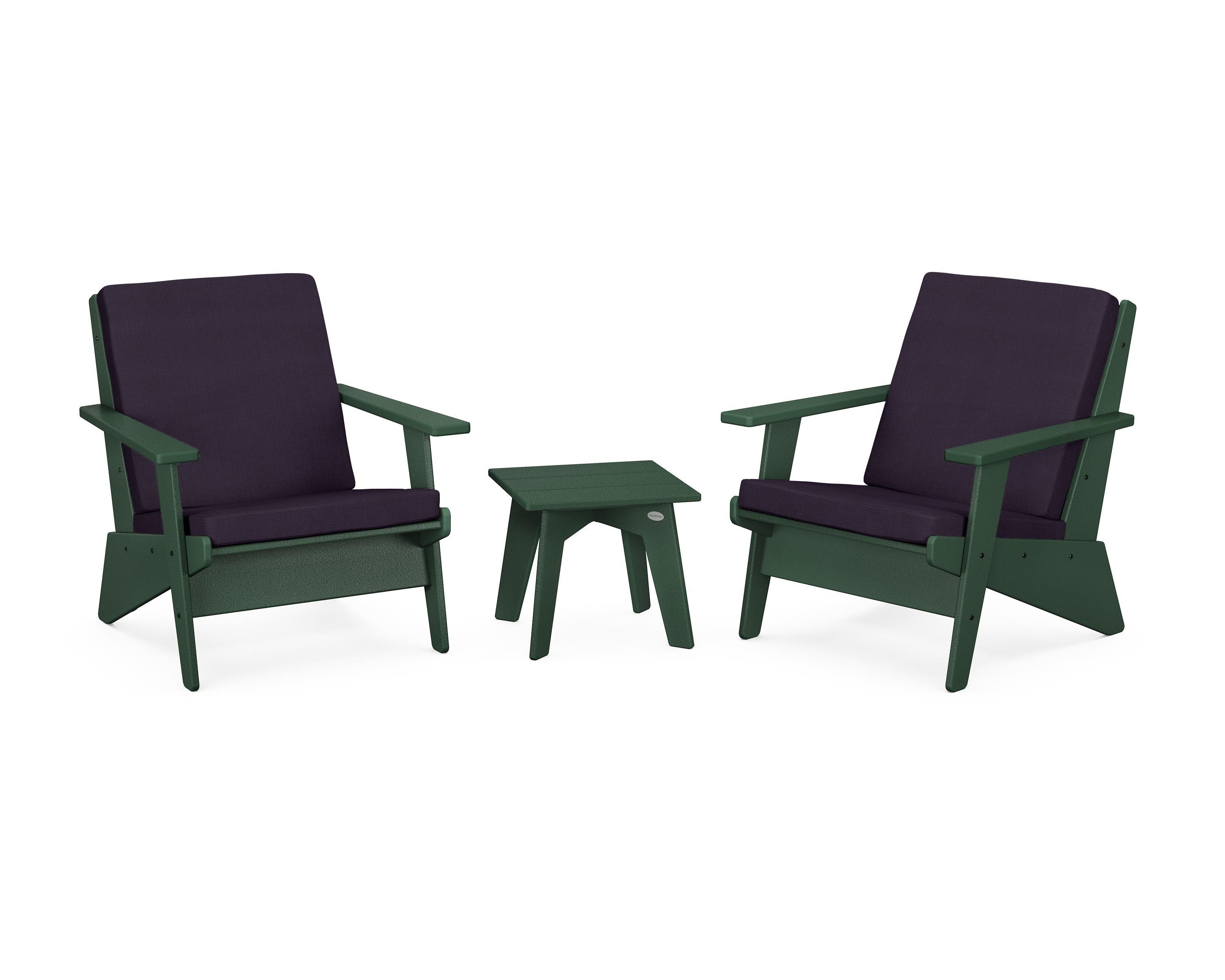 POLYWOOD Riviera Modern Lounge 3-Piece Set in Green / Navy Linen