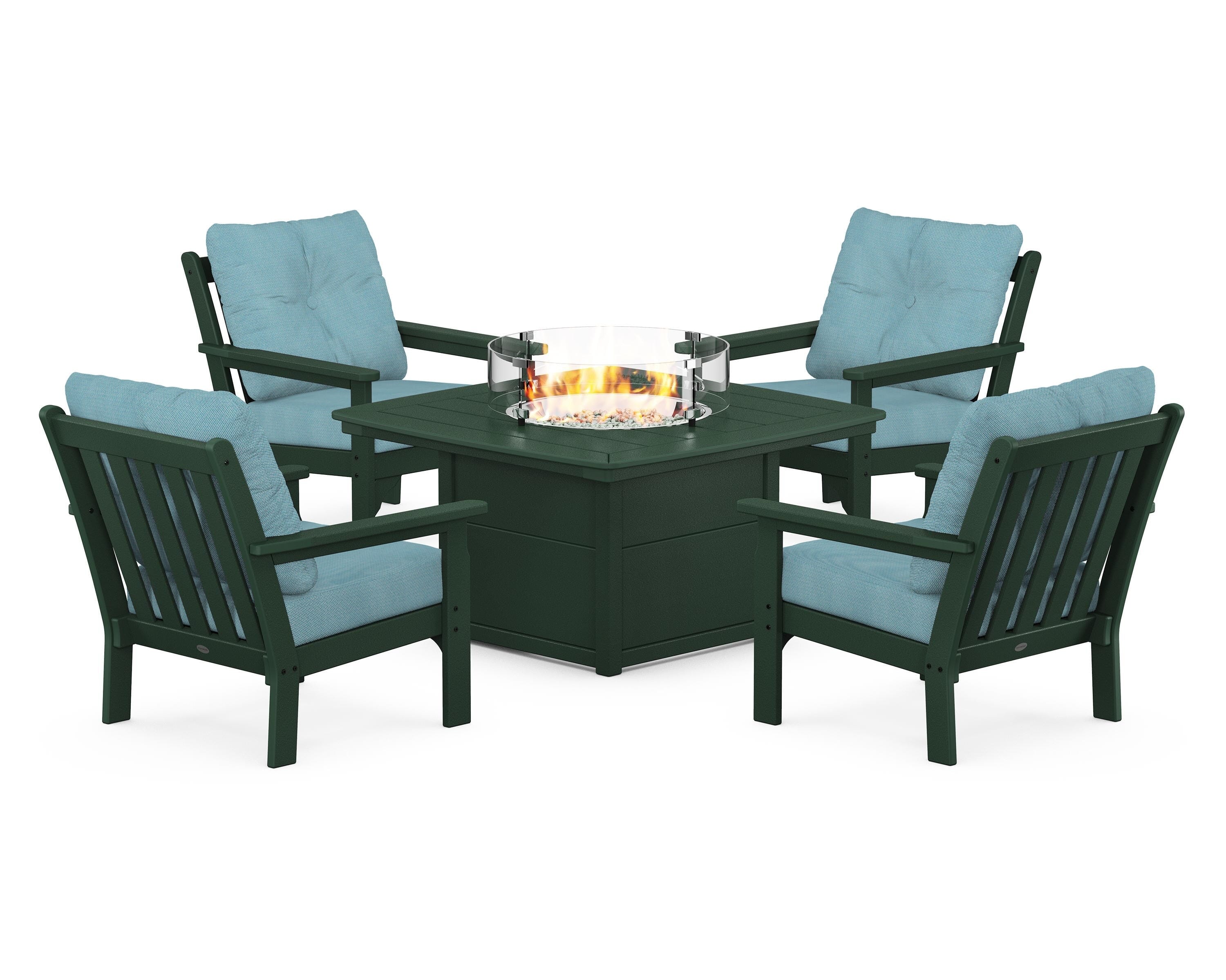 POLYWOOD Vineyard 5-Piece Conversation Set with Fire Pit Table in Green / Lattice Sky Blue