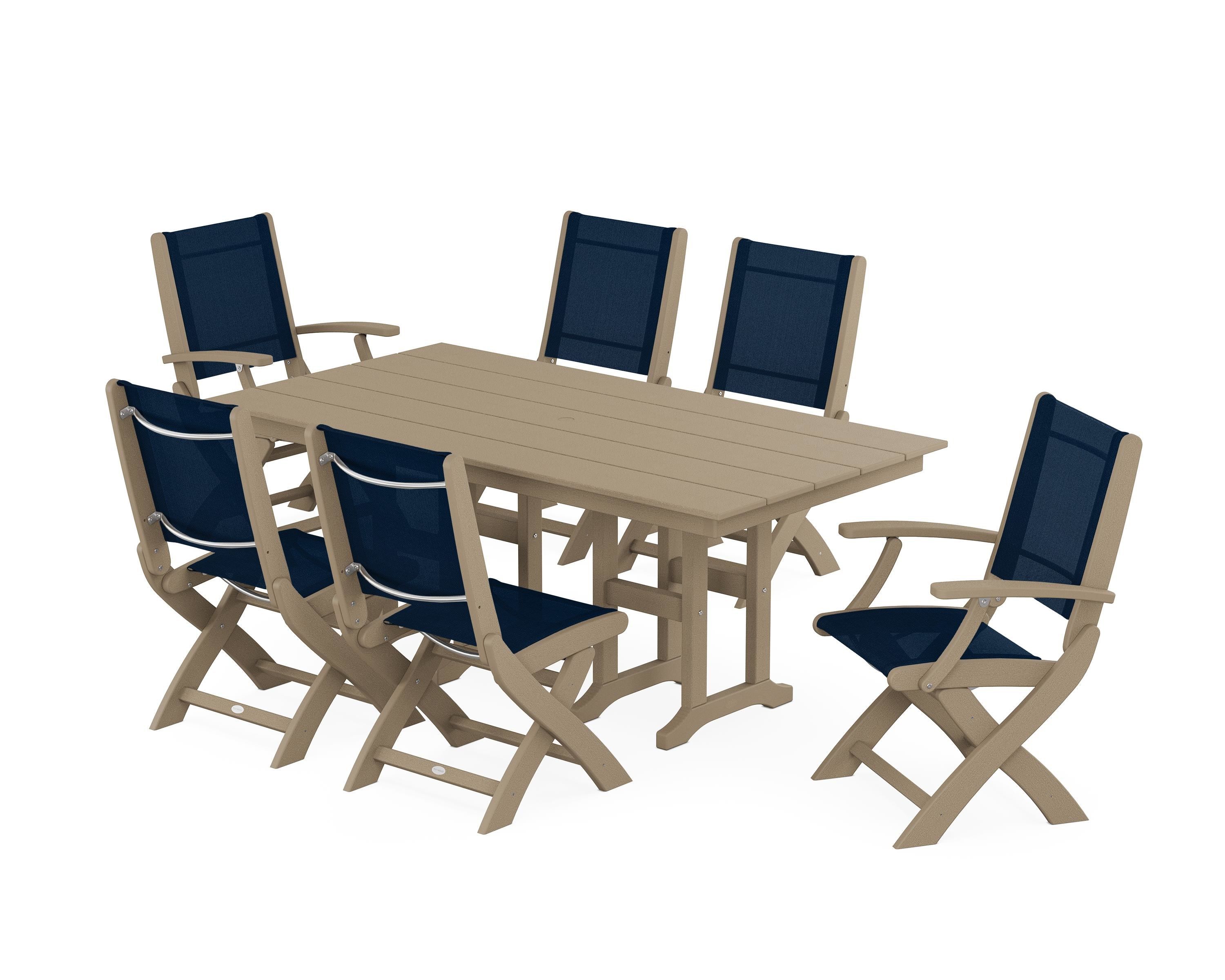 POLYWOOD Coastal Folding Chair 7-Piece Farmhouse Dining Set in Vintage Sahara / Navy Blue Sling
