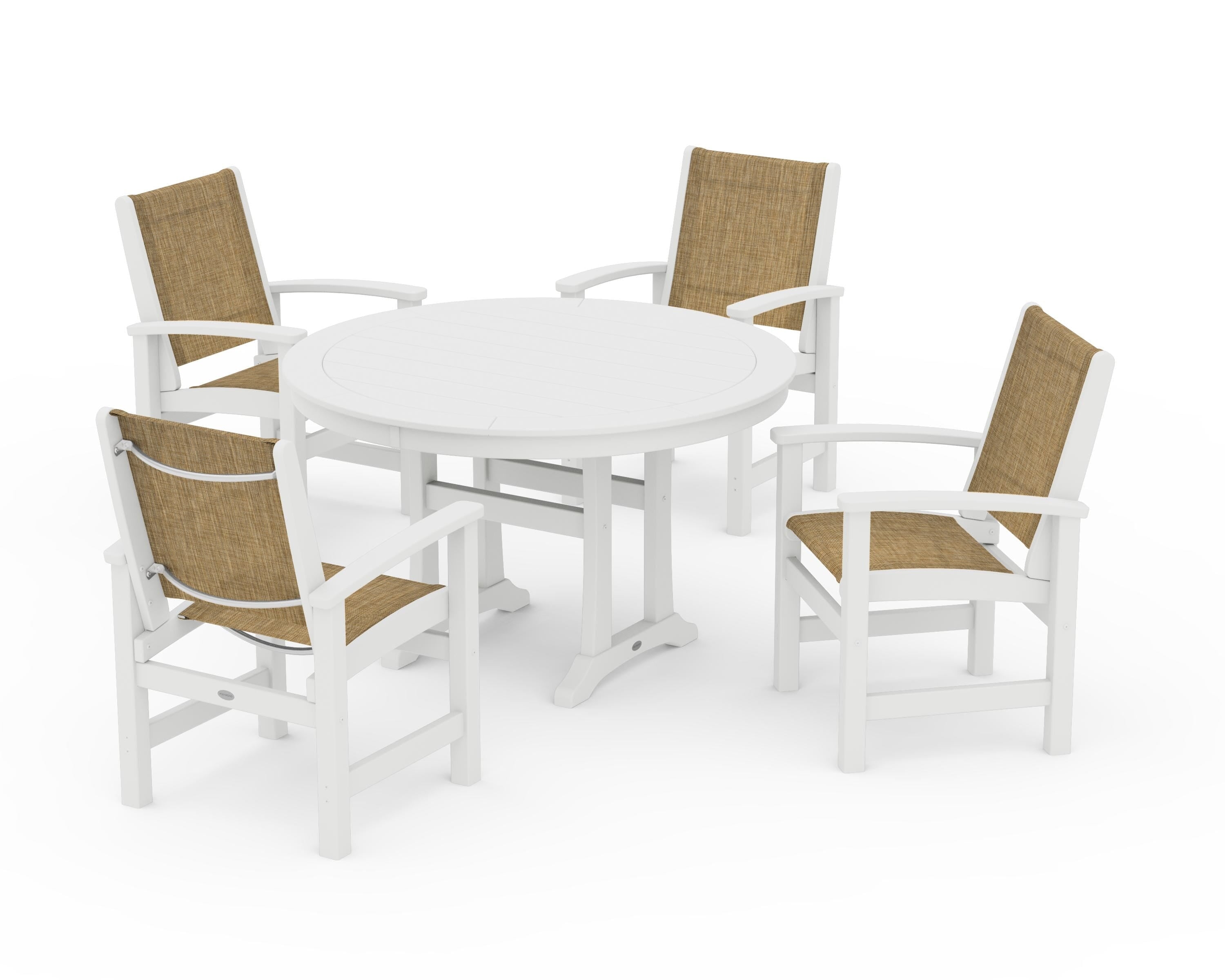 POLYWOOD Coastal 5-Piece Round Dining Set with Trestle Legs in White / Burlap Sling