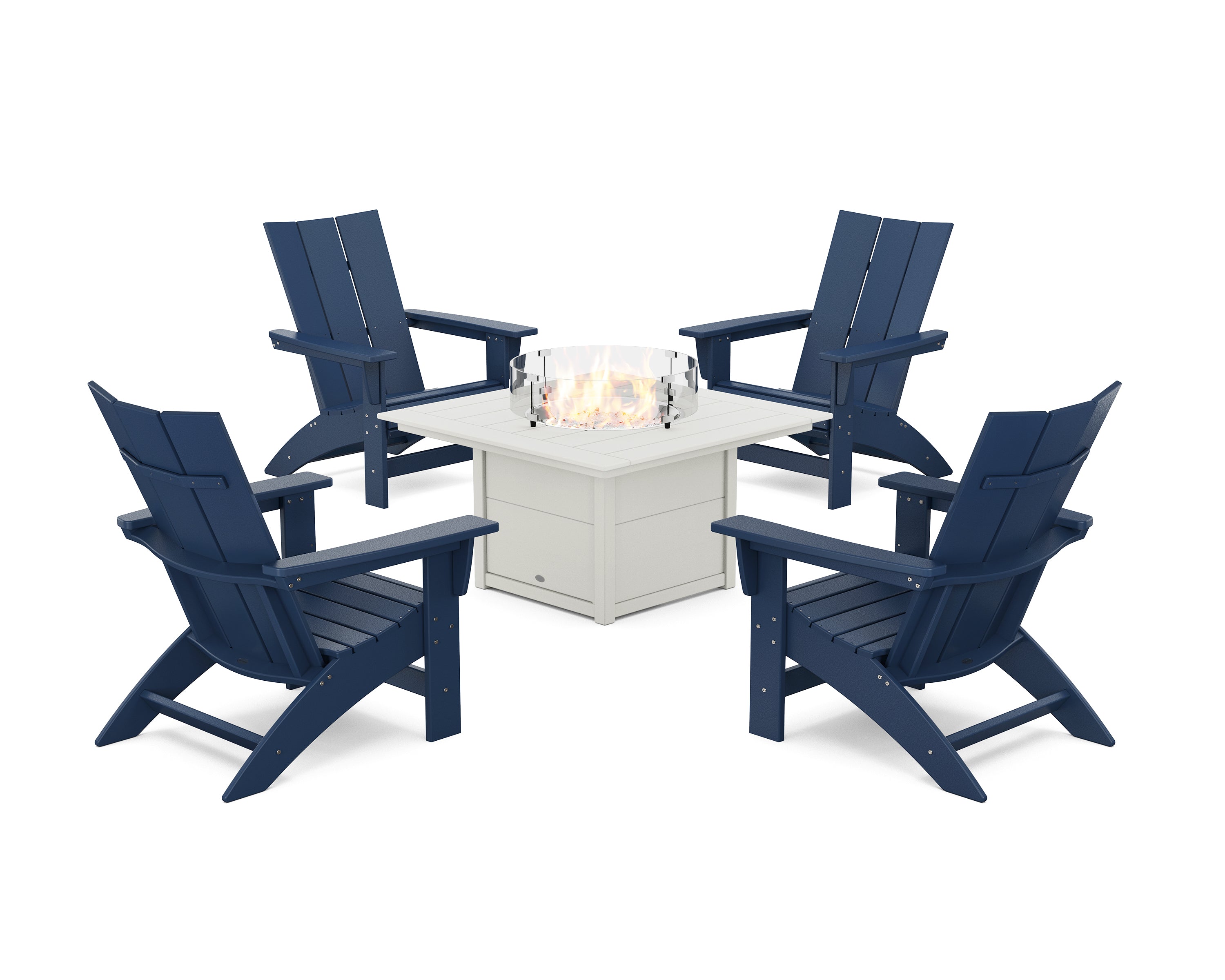 POLYWOOD® 5-Piece Modern Grand Adirondack Conversation Set with Fire Pit Table in Navy / White