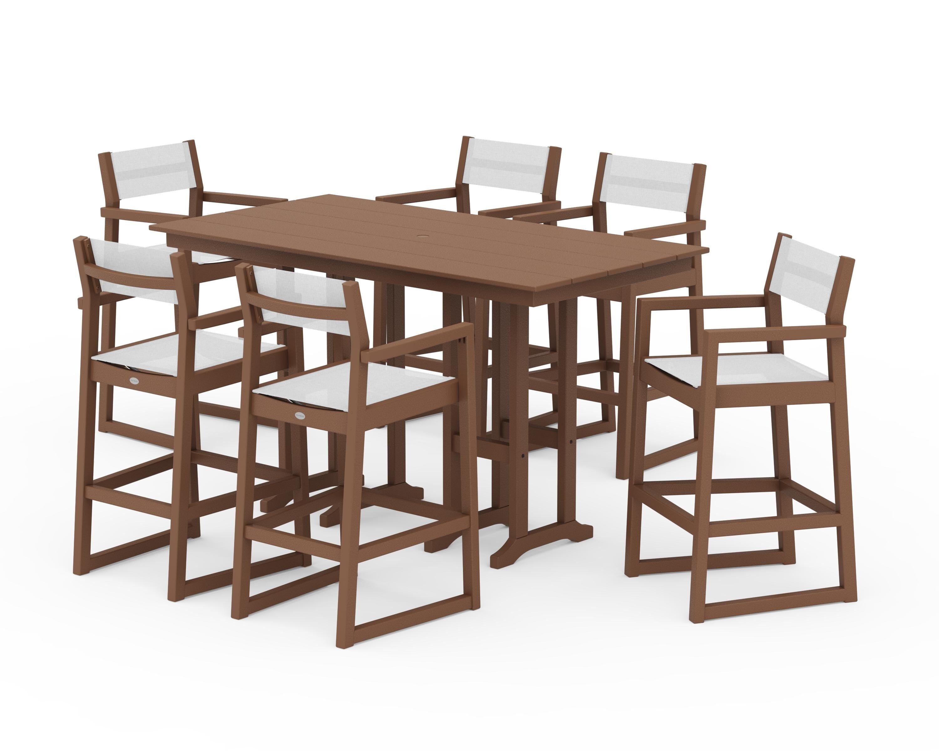 POLYWOOD EDGE Sling Arm Chair 7-Piece Farmhouse Bar Set in Teak / White Sling