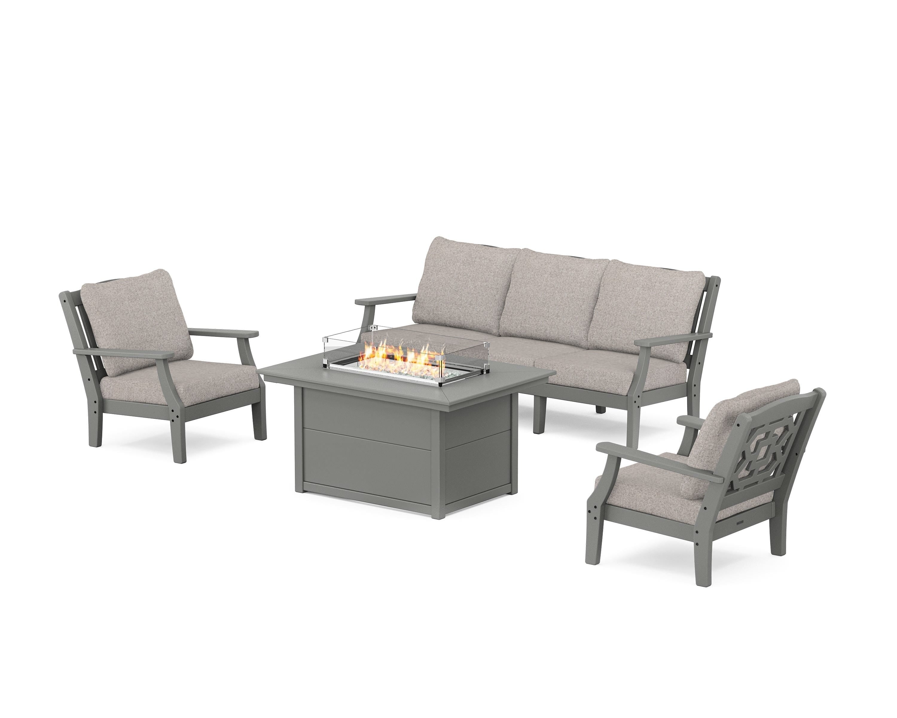 Martha Stewart by POLYWOOD Chinoiserie Deep Seating Fire Pit Table Set in Slate Grey / Weathered Tweed