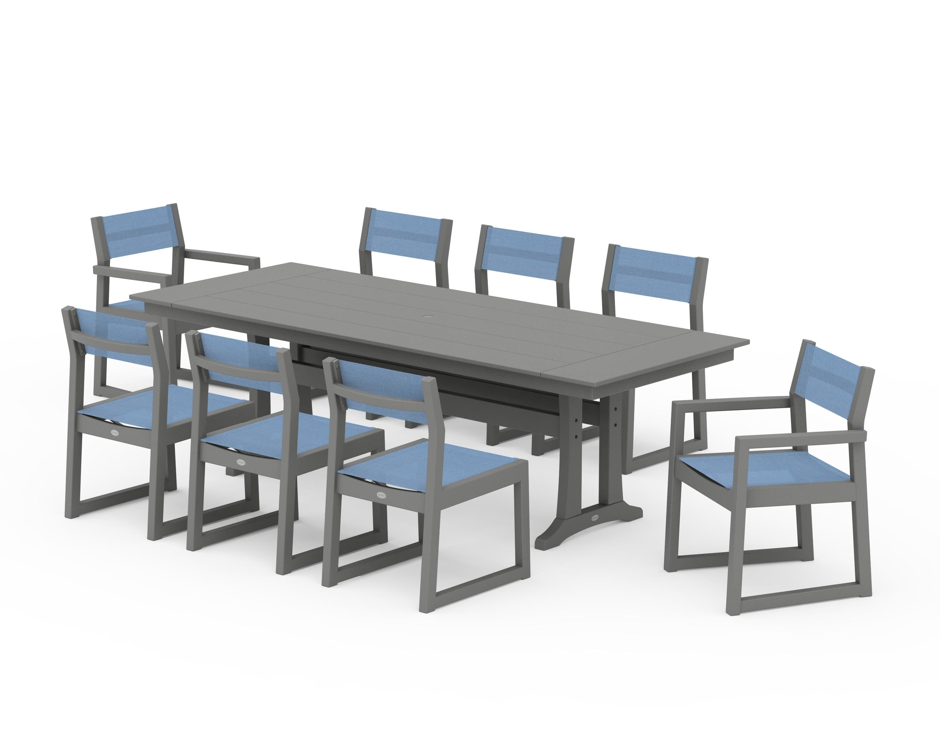 POLYWOOD EDGE Sling 9-Piece Farmhouse Trestle Dining Set in Slate Grey / Poolside Sling