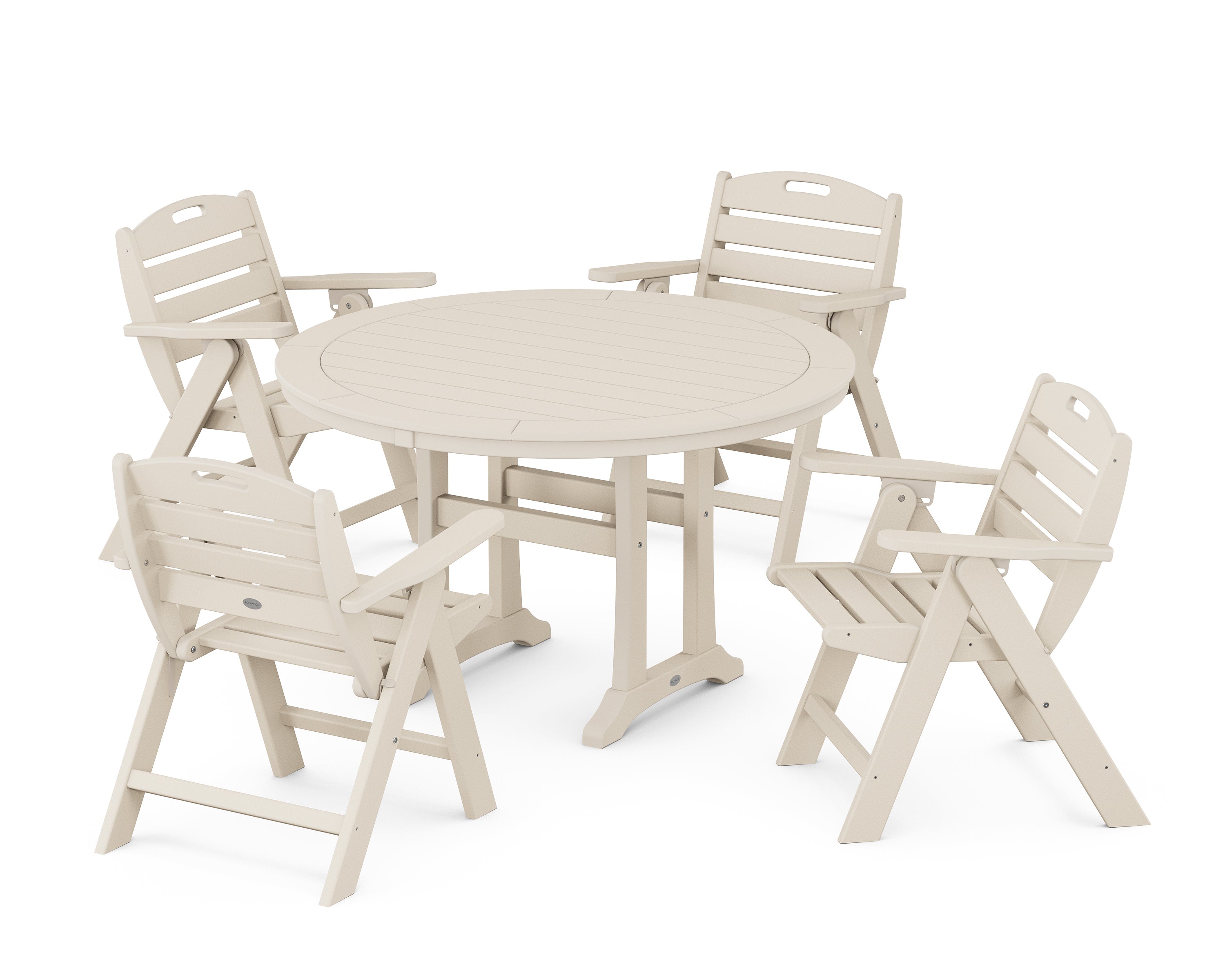 POLYWOOD® Nautical Folding Lowback Chair 5-Piece Round Dining Set With Trestle Legs in Sand