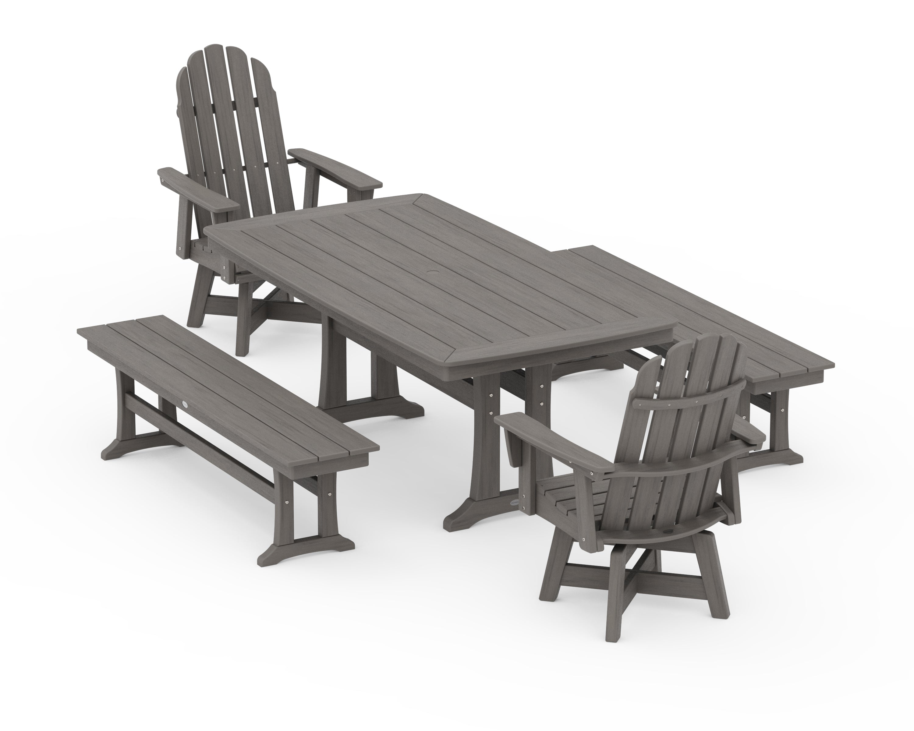 POLYWOOD Vineyard Adirondack Swivel Chair 5-Piece Dining Set with Trestle Legs and Benches in Driftwood