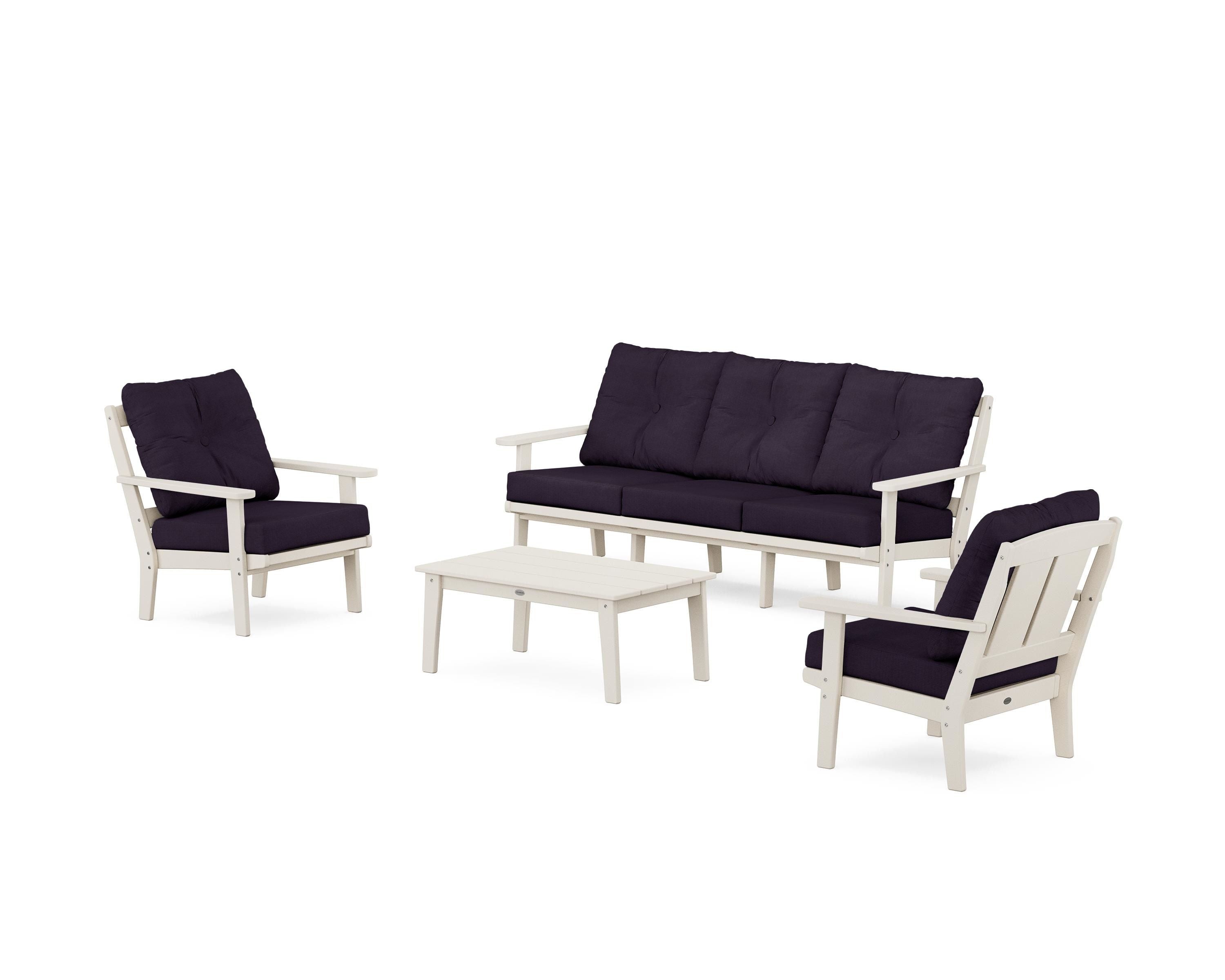 POLYWOOD Mission 4-Piece Deep Seating Set with Sofa in Sand / Navy Linen