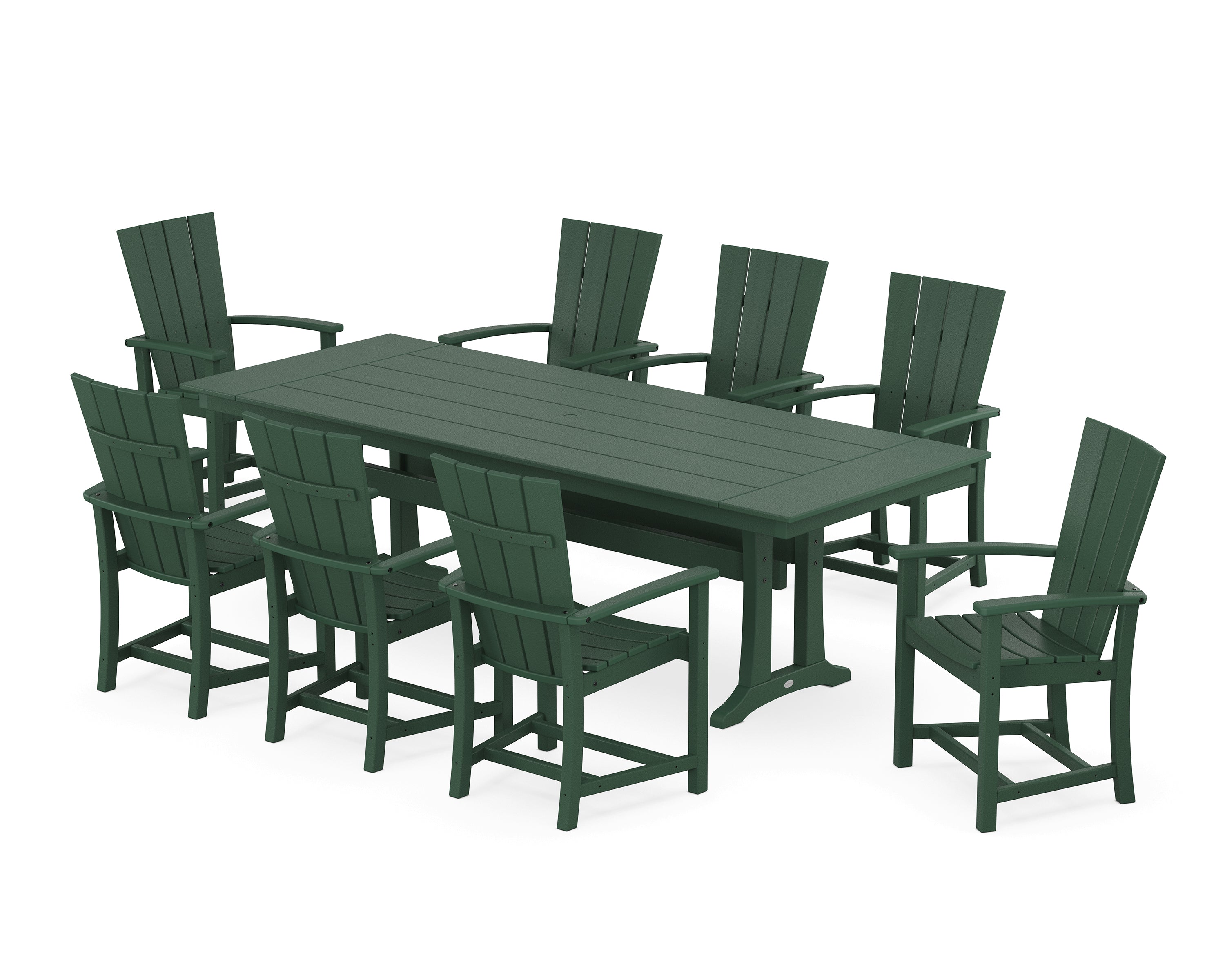 POLYWOOD® Quattro Adirondack 9-Piece Farmhouse Dining Set with Trestle Legs in Green