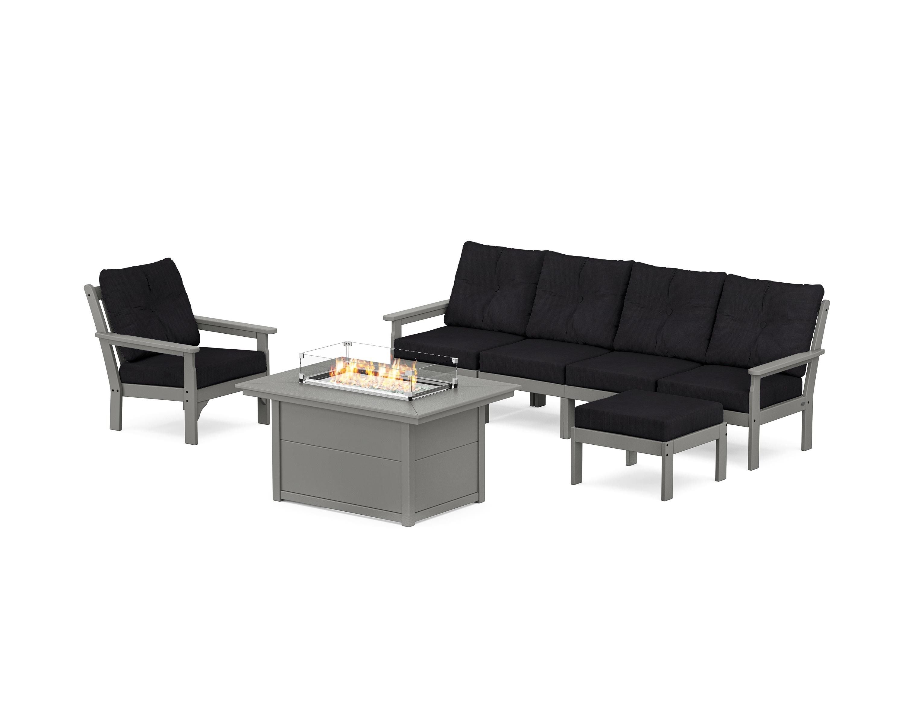 POLYWOOD Vineyard Sectional Lounge and Fire Pit Set in Slate Grey / Midnight Linen