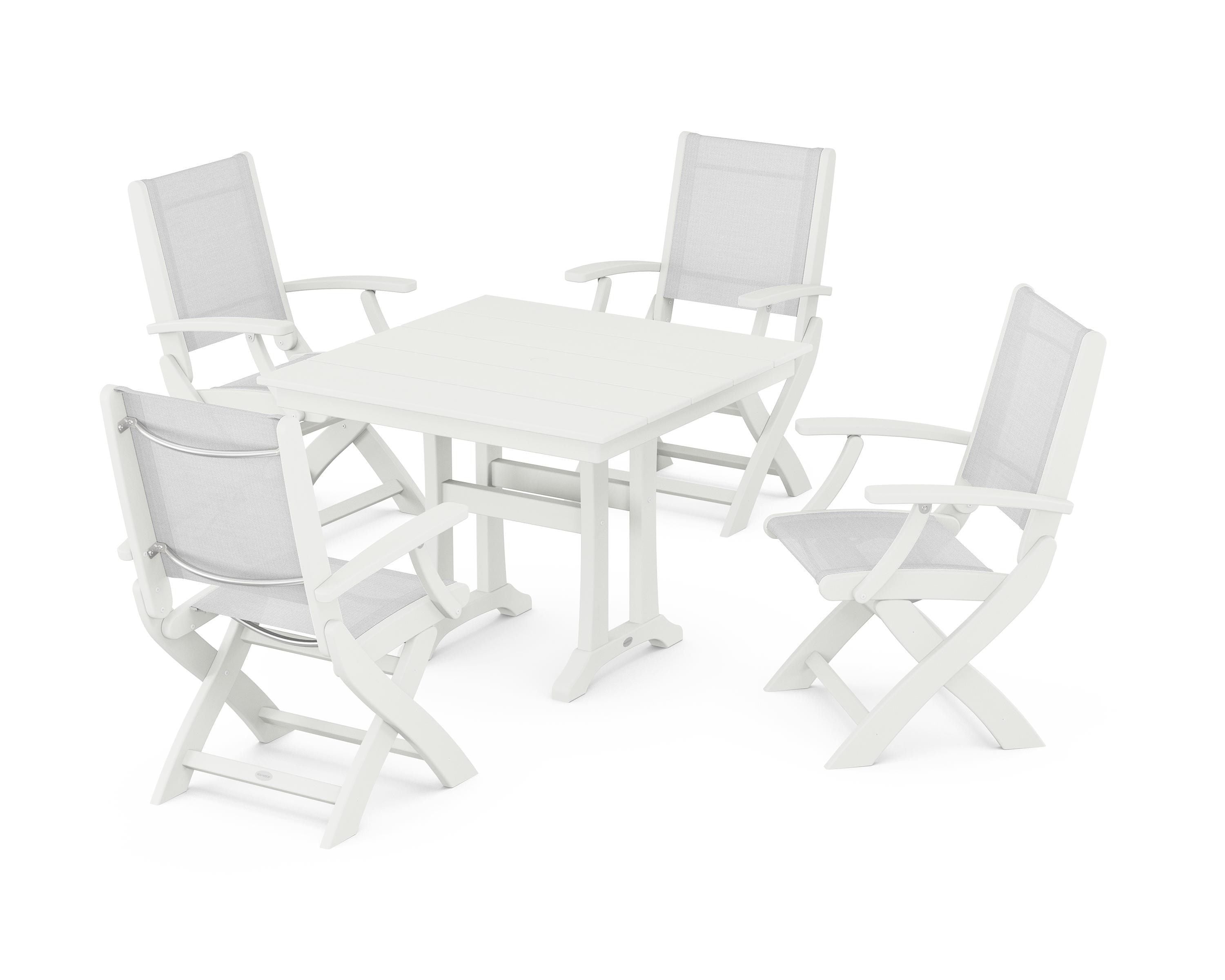 POLYWOOD Coastal Folding Chair 5-Piece Farmhouse Dining Set With Trestle Legs in Vintage White / White Sling