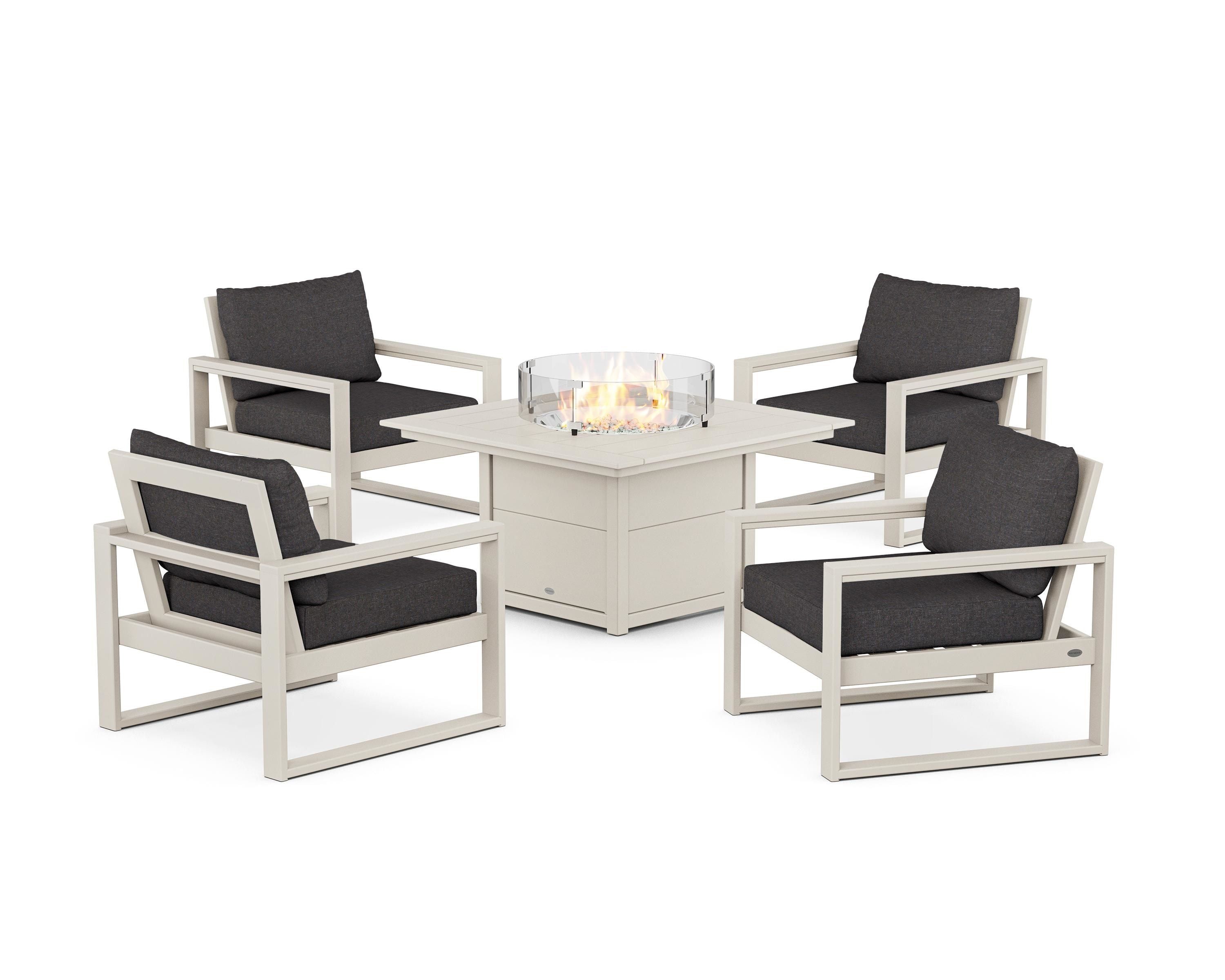 POLYWOOD EDGE Sectional 5-Piece Deep Seating Set with Fire Pit Table in Sand / Ash Charcoal
