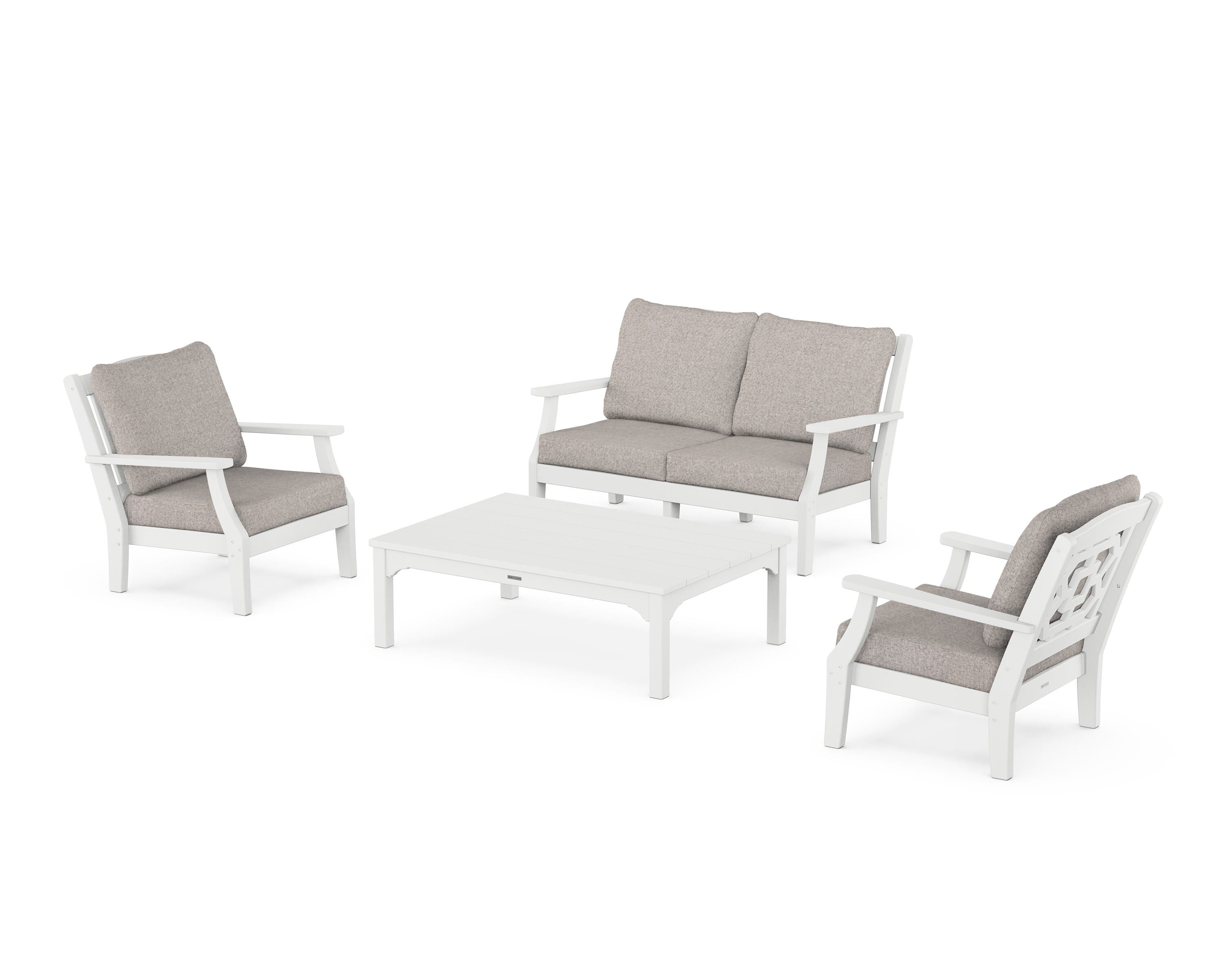 Martha Stewart by POLYWOOD Chinoiserie 4-Piece Deep Seating Set with Loveseat in White / Weathered Tweed