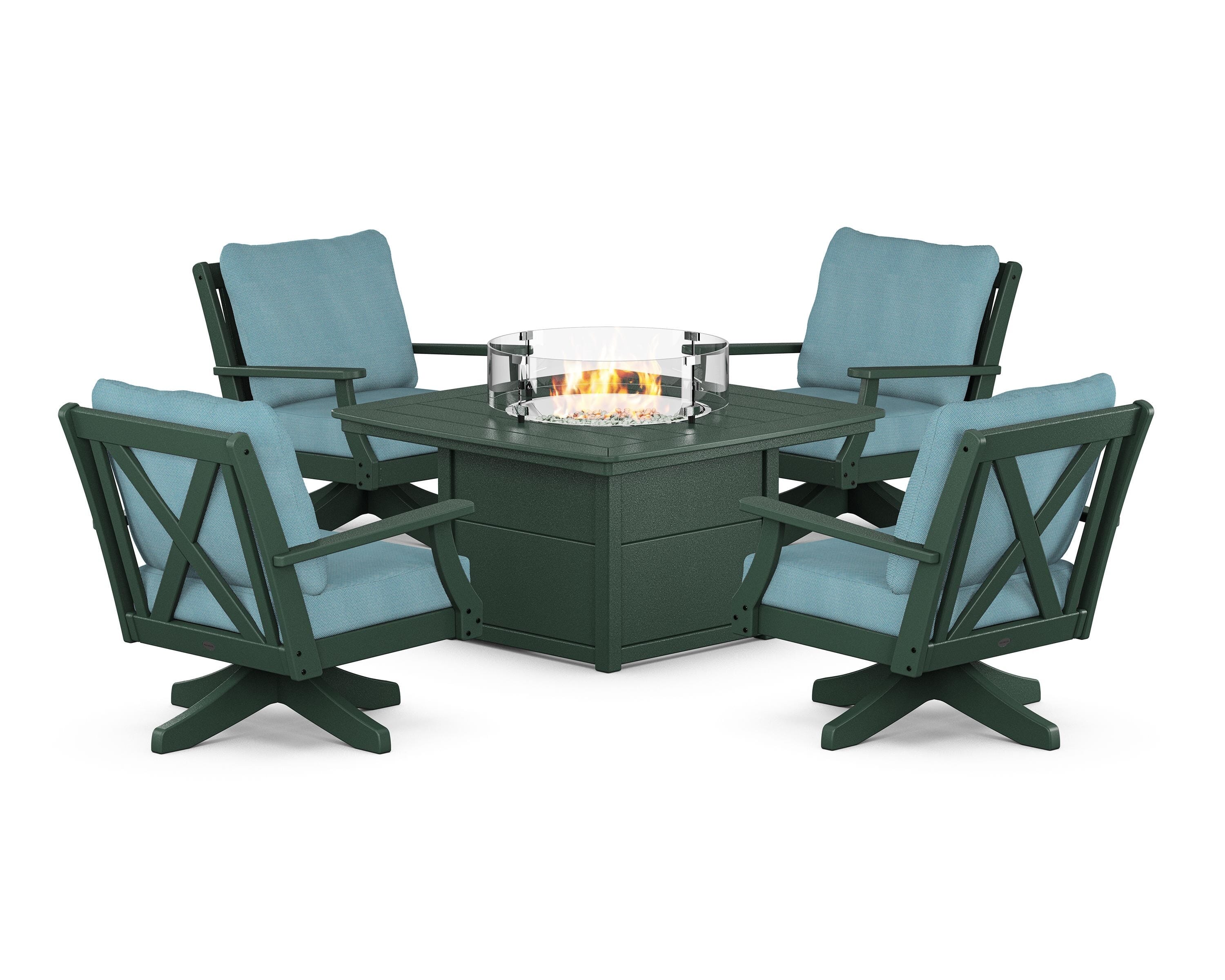 POLYWOOD Braxton 5-Piece Deep Seating Swivel Conversation Set with Fire Pit Table in Green / Lattice Sky Blue