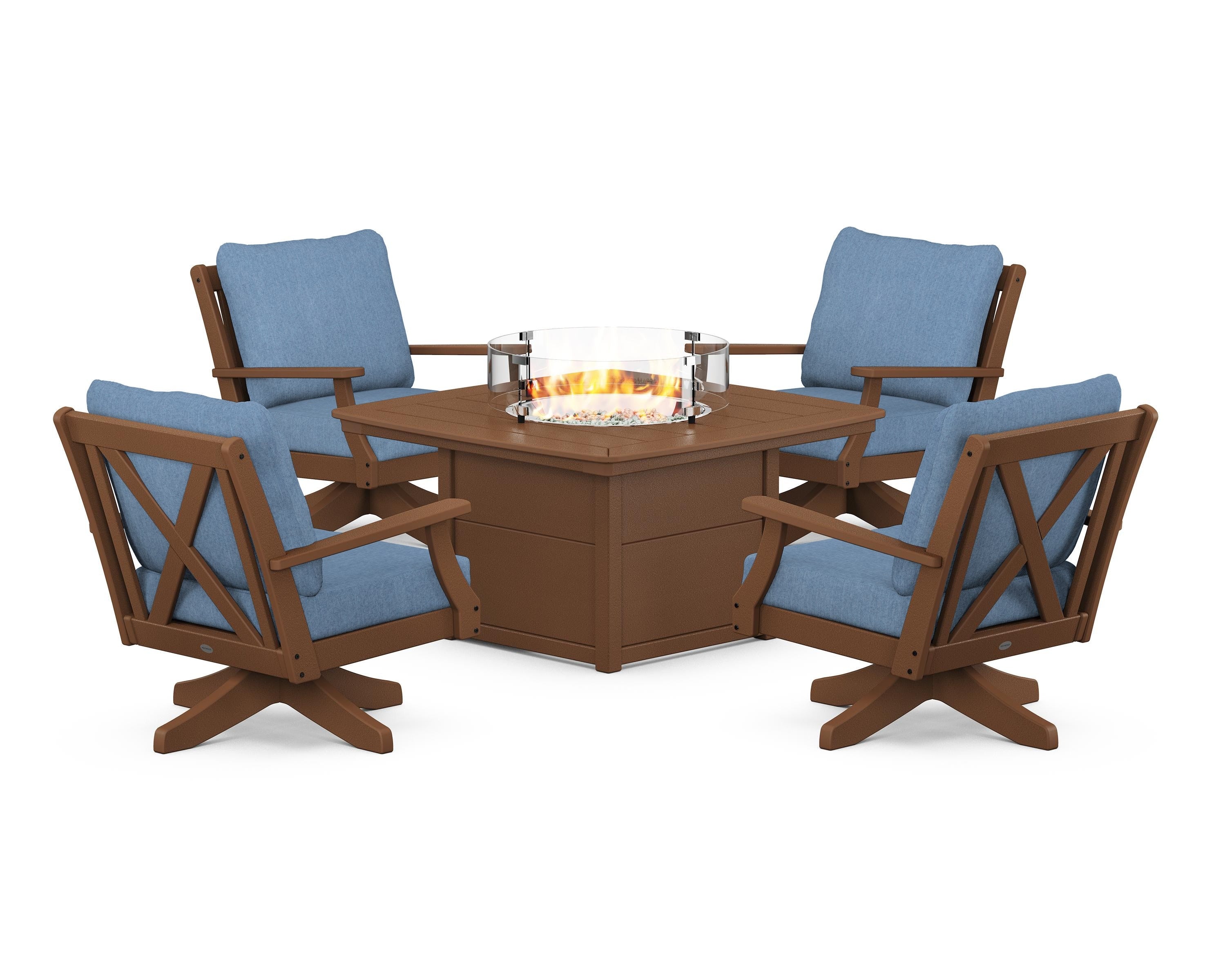 POLYWOOD Braxton 5-Piece Deep Seating Swivel Conversation Set with Fire Pit Table in Teak / Sky Blue