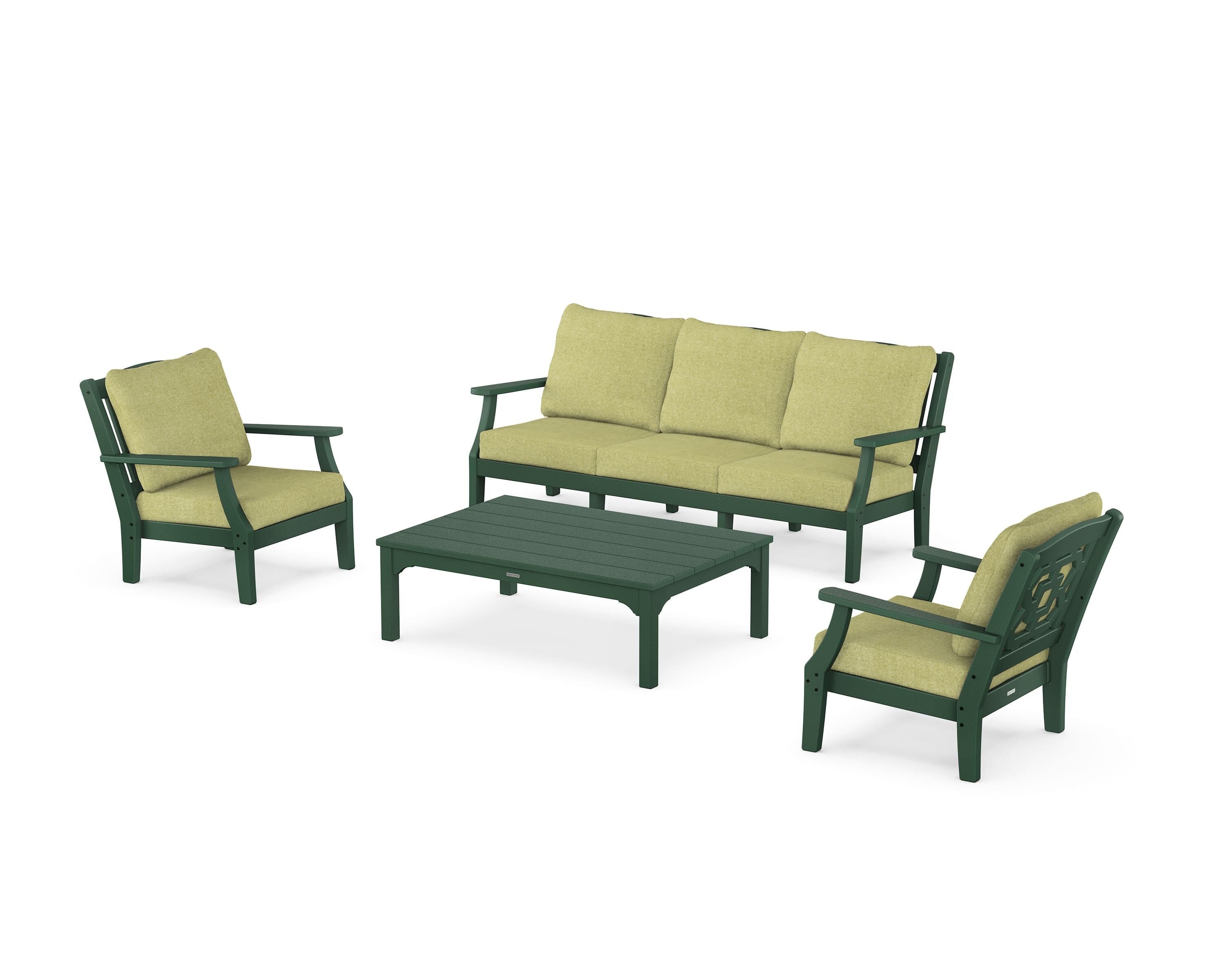 Martha Stewart by POLYWOOD Chinoiserie 4-Piece Deep Seating Set with Sofa in Green / Chartreuse Boucle