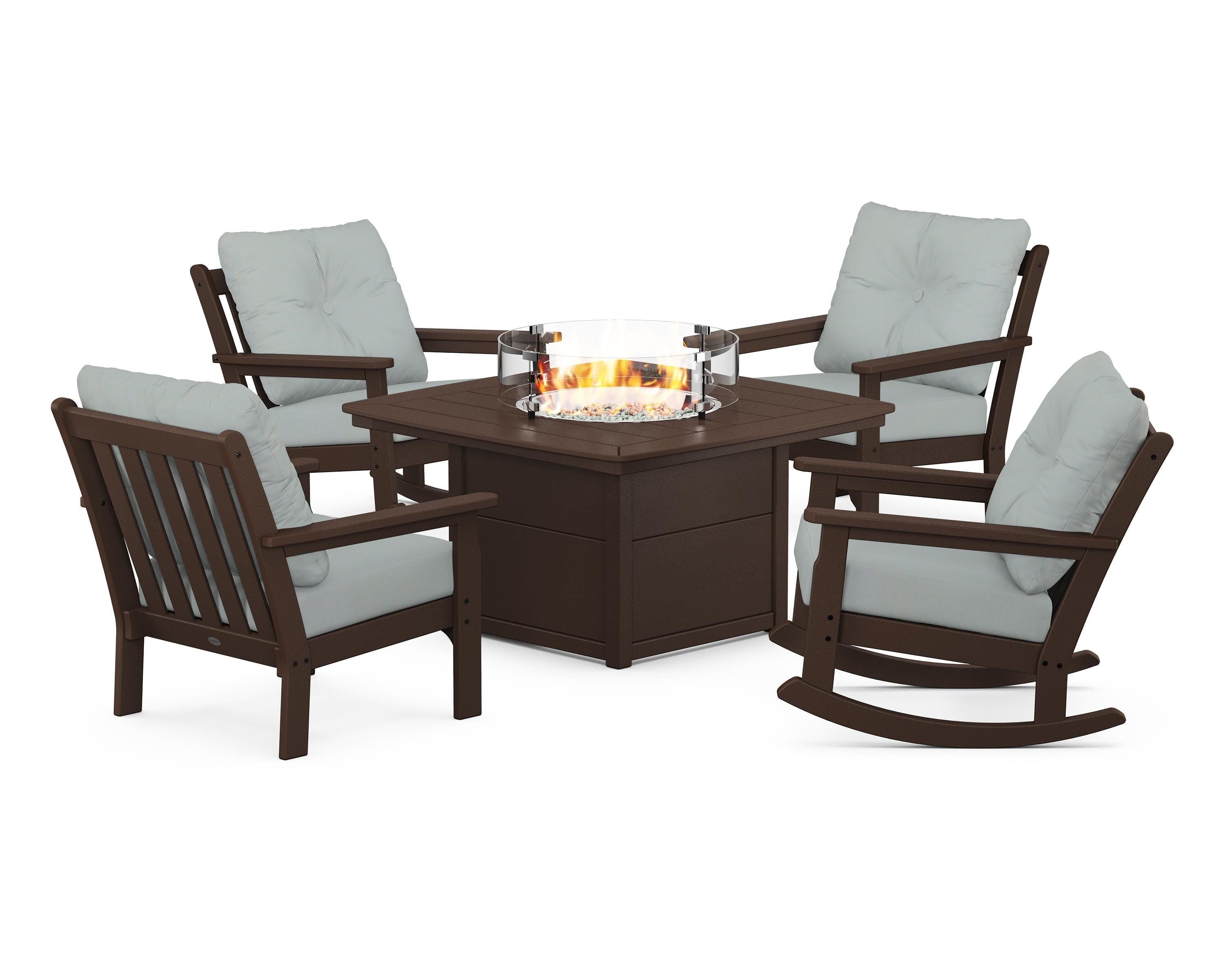 POLYWOOD Vineyard 5-Piece Deep Seating Rocking Chair Conversation Set with Fire Pit Table in Mahogany / Spa