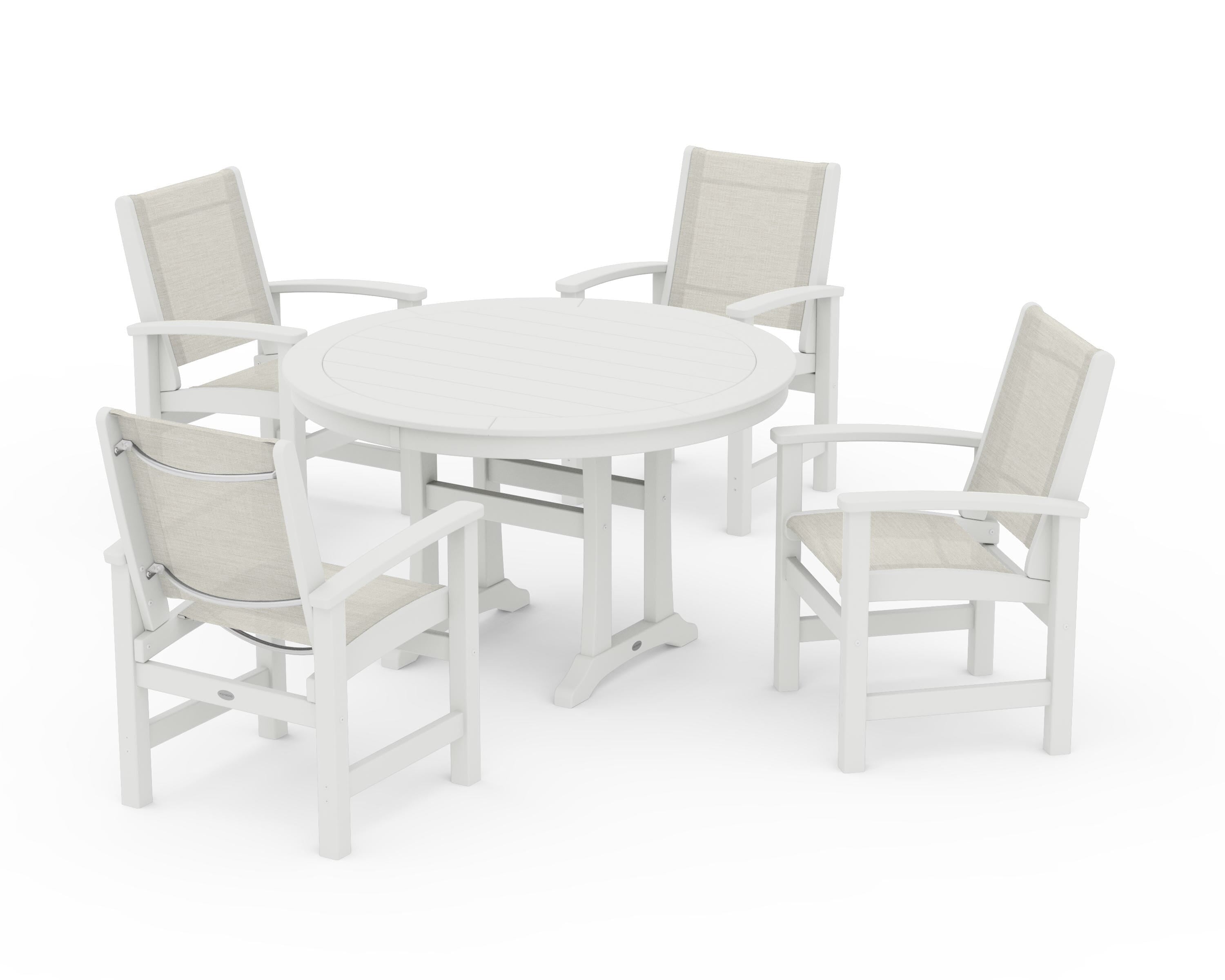 POLYWOOD Coastal 5-Piece Round Dining Set with Trestle Legs in Vintage White / Parchment Sling