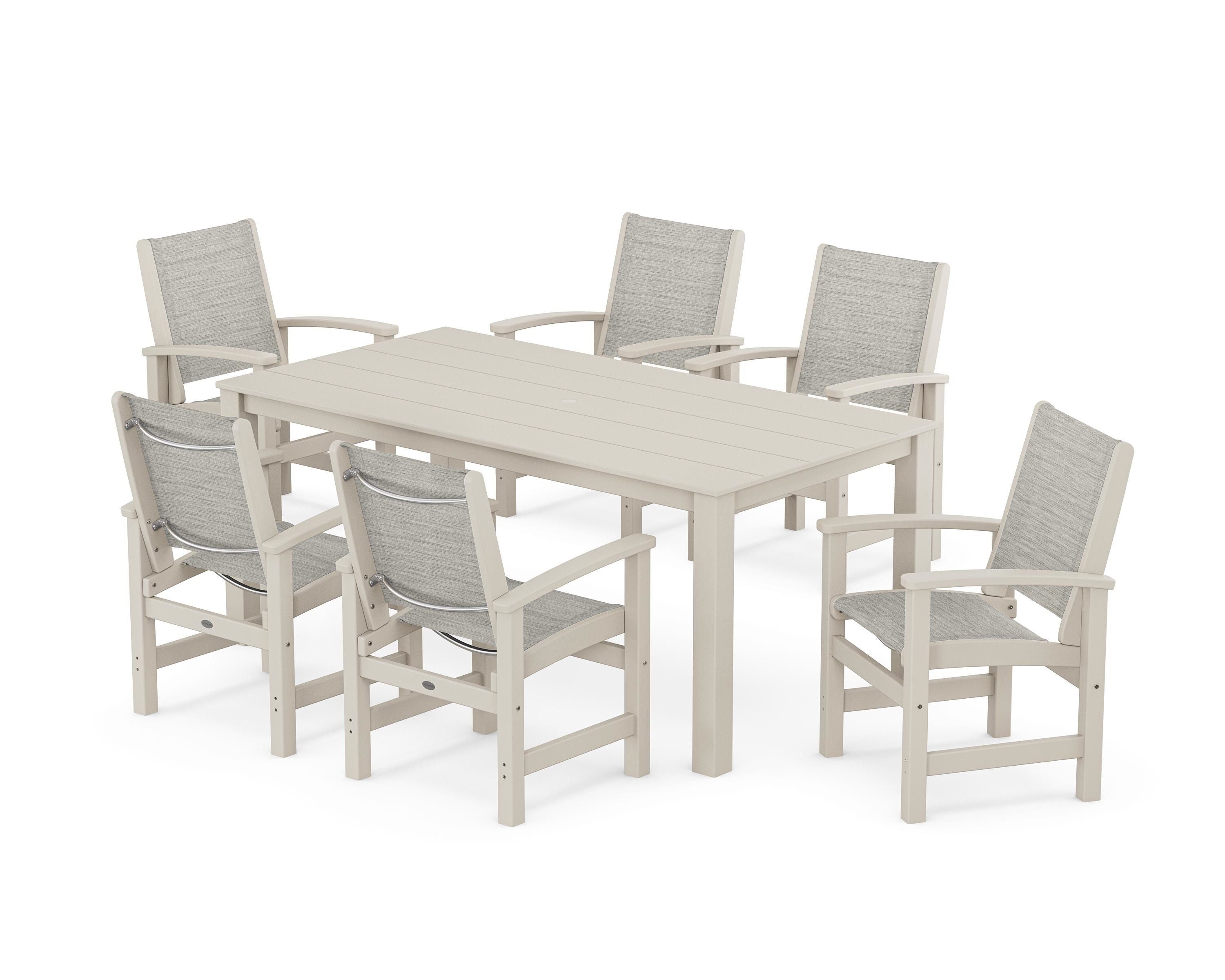 POLYWOOD Coastal 7-Piece Parsons Dining Set in Sand / Birch Sling