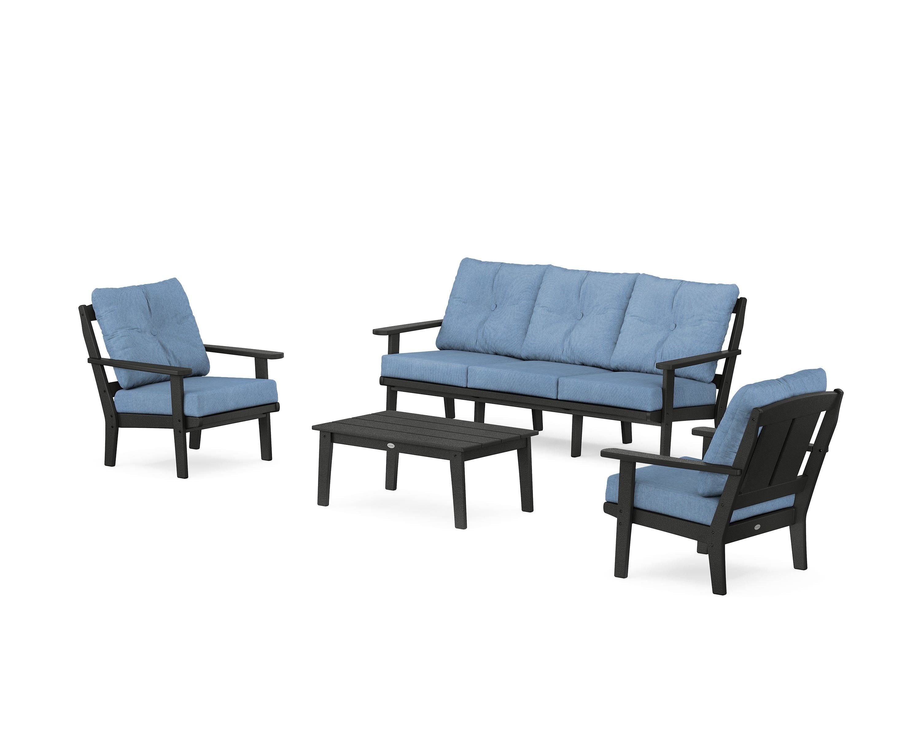 POLYWOOD Mission 4-Piece Deep Seating Set with Sofa in Black / Sky Blue