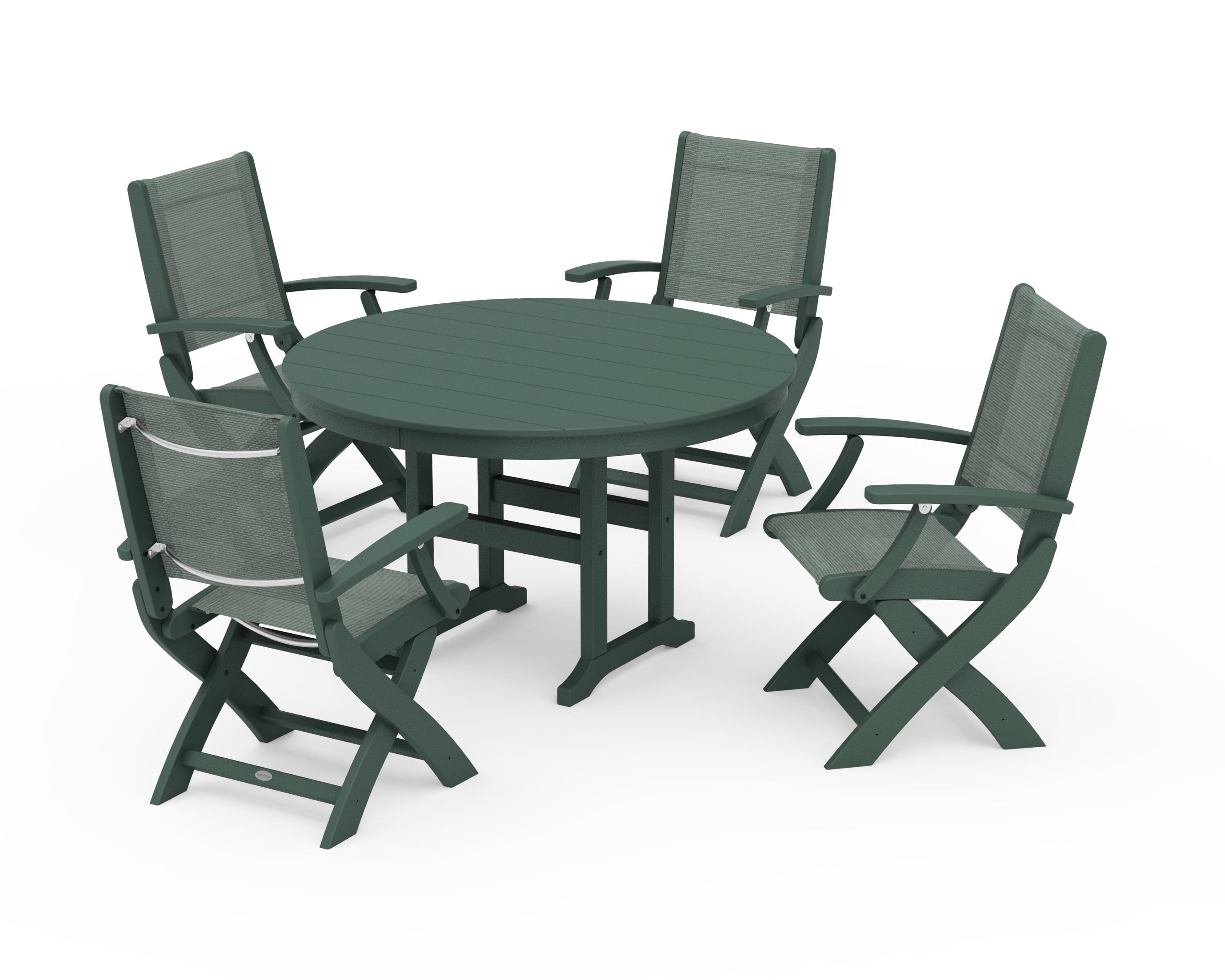 POLYWOOD Coastal Folding Chair 5-Piece Round Dining Set in Green / Dupioni Sea Mist Sling