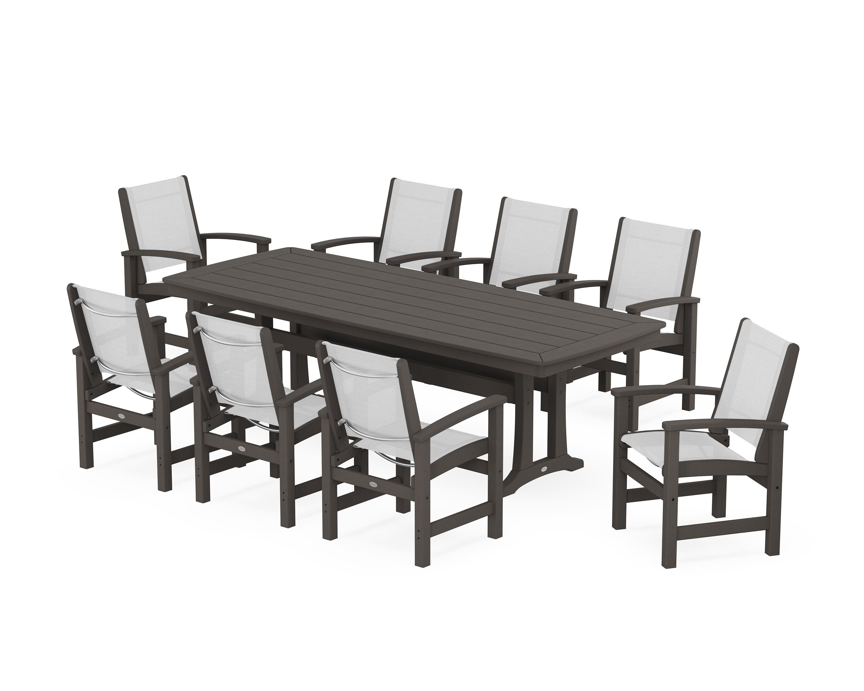 POLYWOOD Coastal 9-Piece Dining Set with Trestle Legs in Vintage Coffee / White Sling