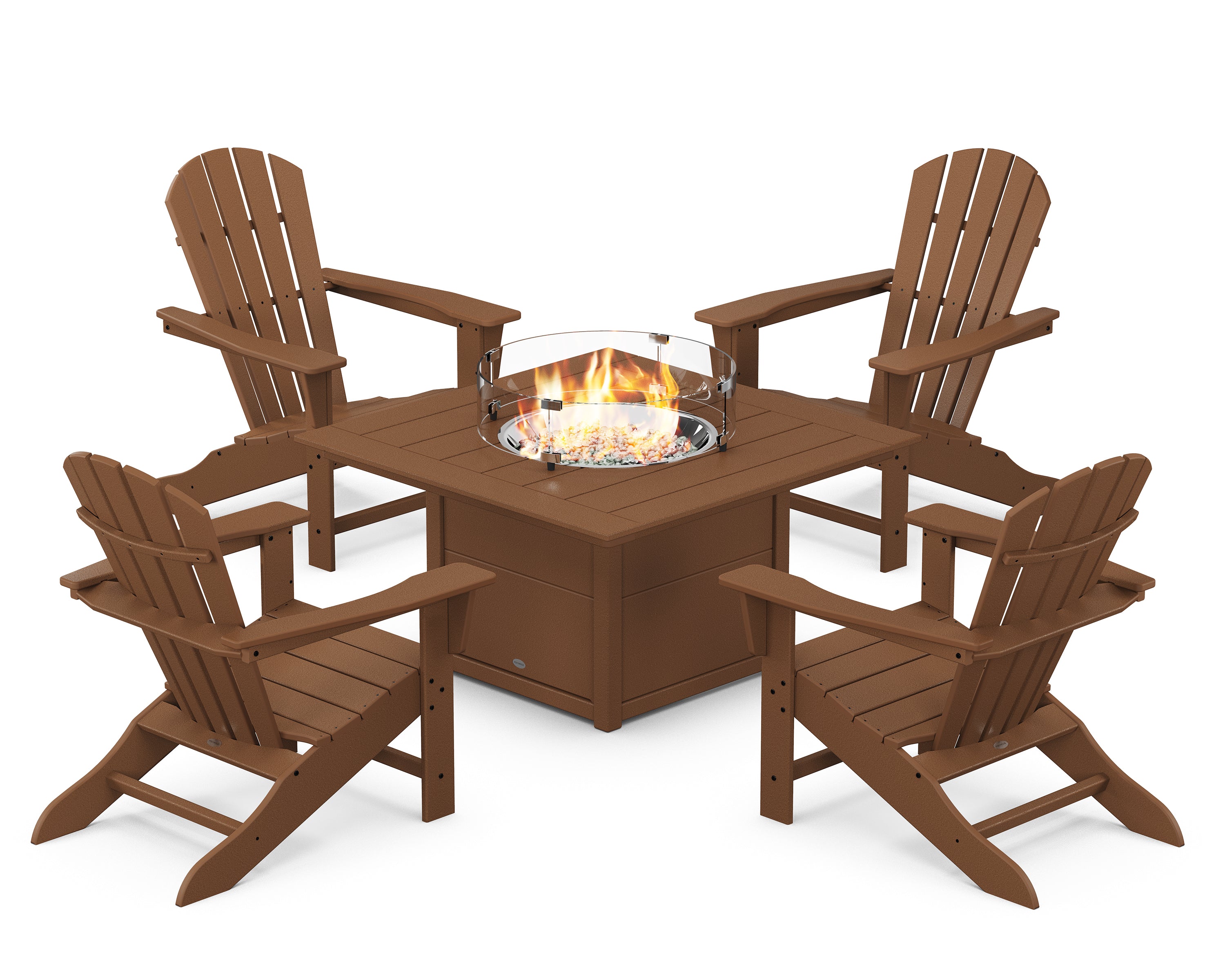 POLYWOOD® Palm Coast 5-Piece Adirondack Chair Conversation Set with Fire Pit Table in Teak