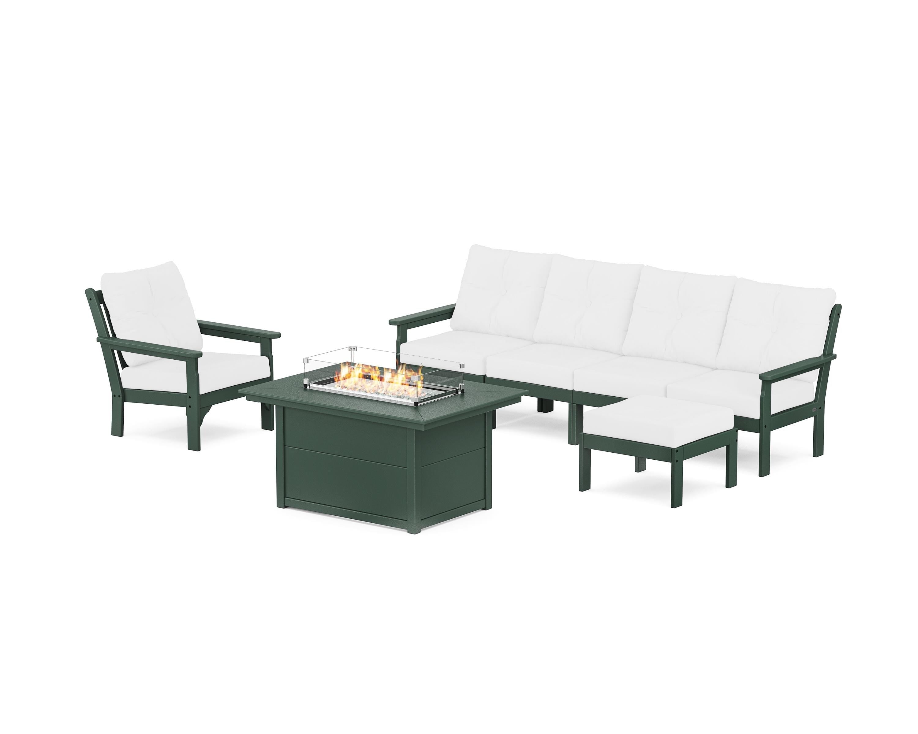 POLYWOOD Vineyard Sectional Lounge and Fire Pit Set in Green / Natural
