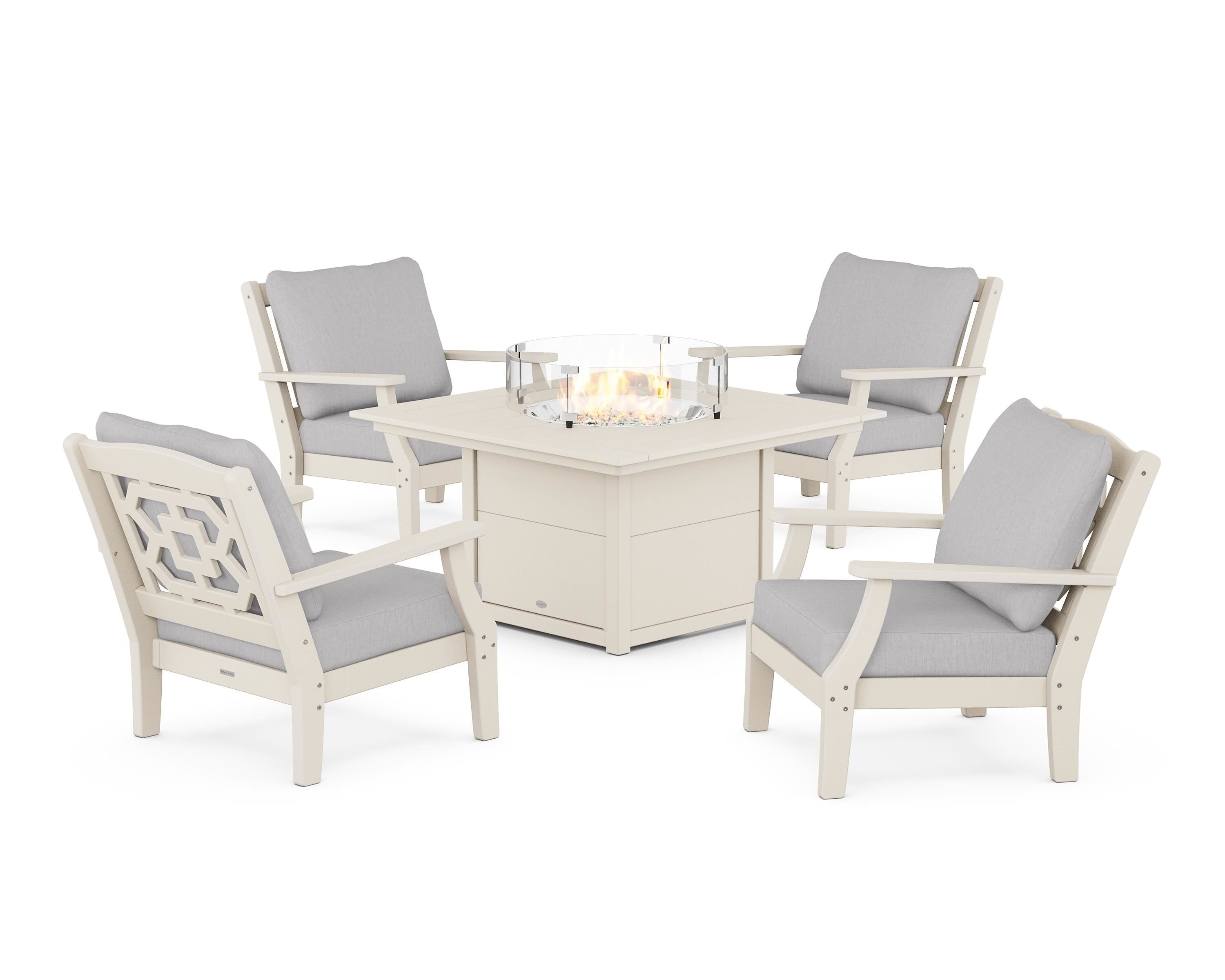 Martha Stewart by POLYWOOD Chinoiserie 5-Piece Deep Seating Set with Fire Pit Table in Sand / Granite