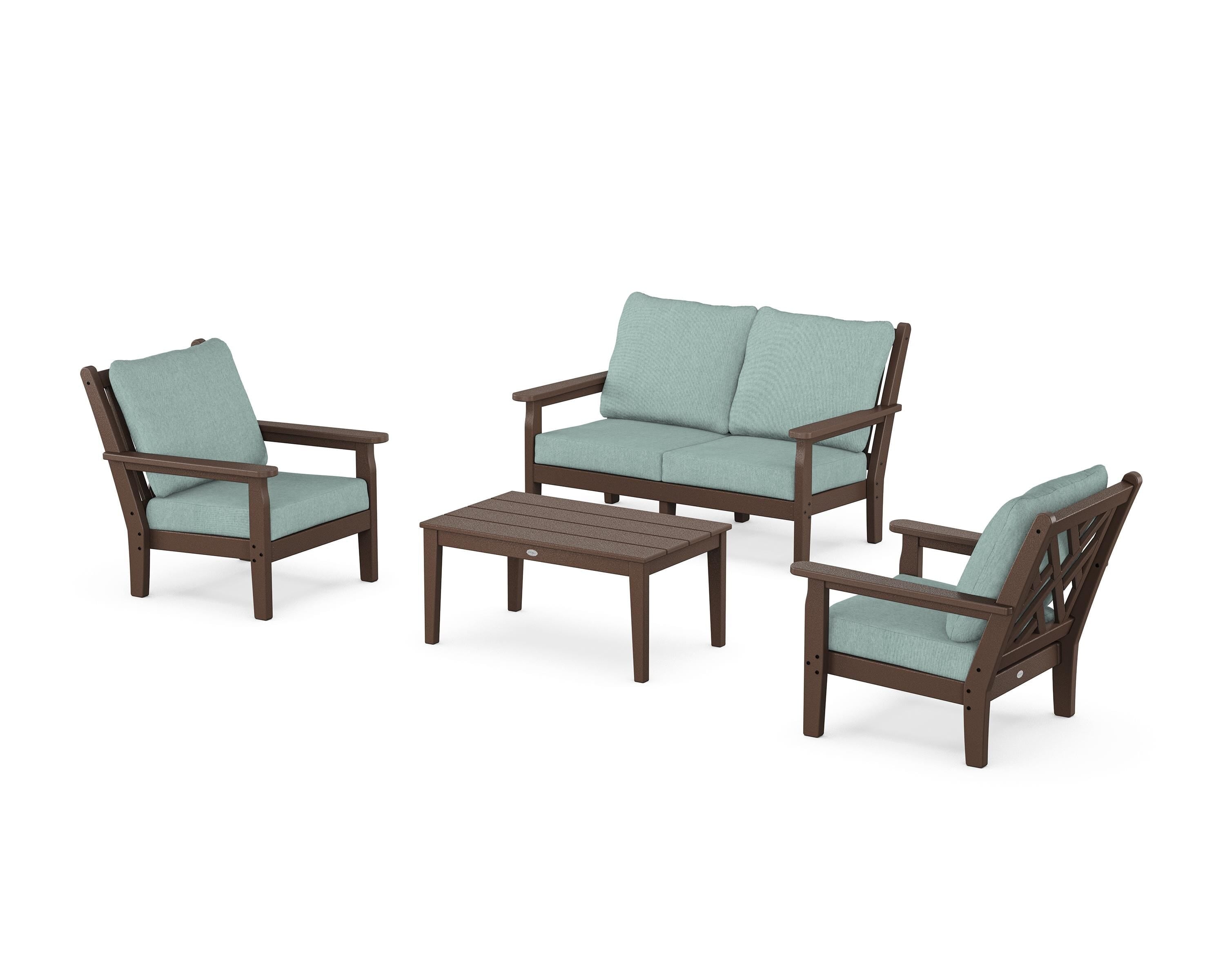 POLYWOOD Chippendale 4-Piece Deep Seating Set with Loveseat in Mahogany / Glacier Spa
