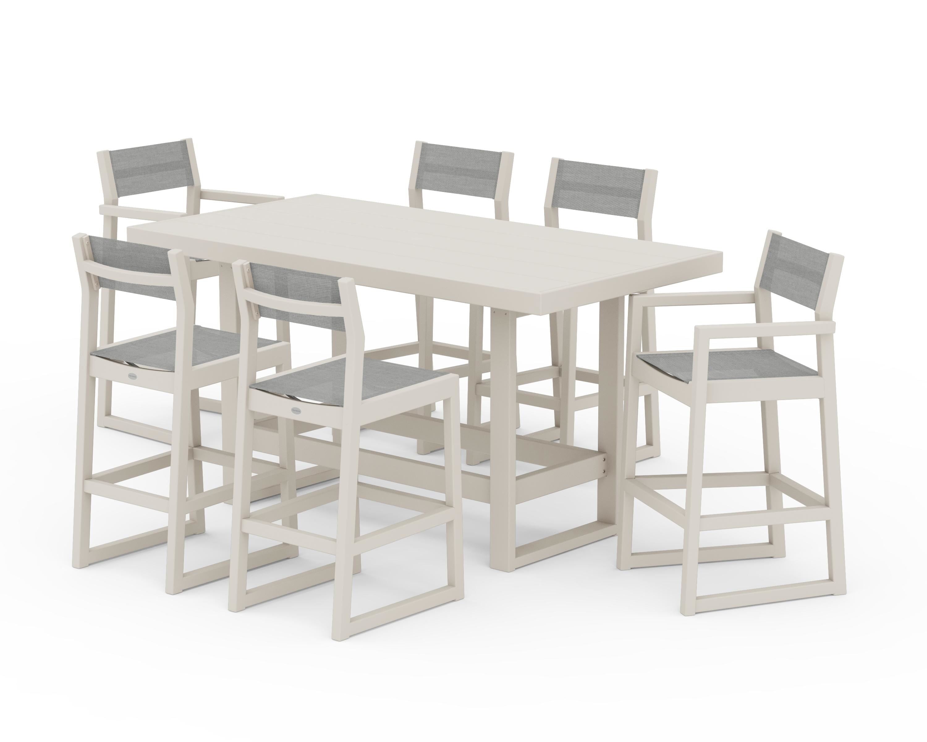 POLYWOOD EDGE Sling 7-Piece Bar Table Set in Sand / Metallic Sling